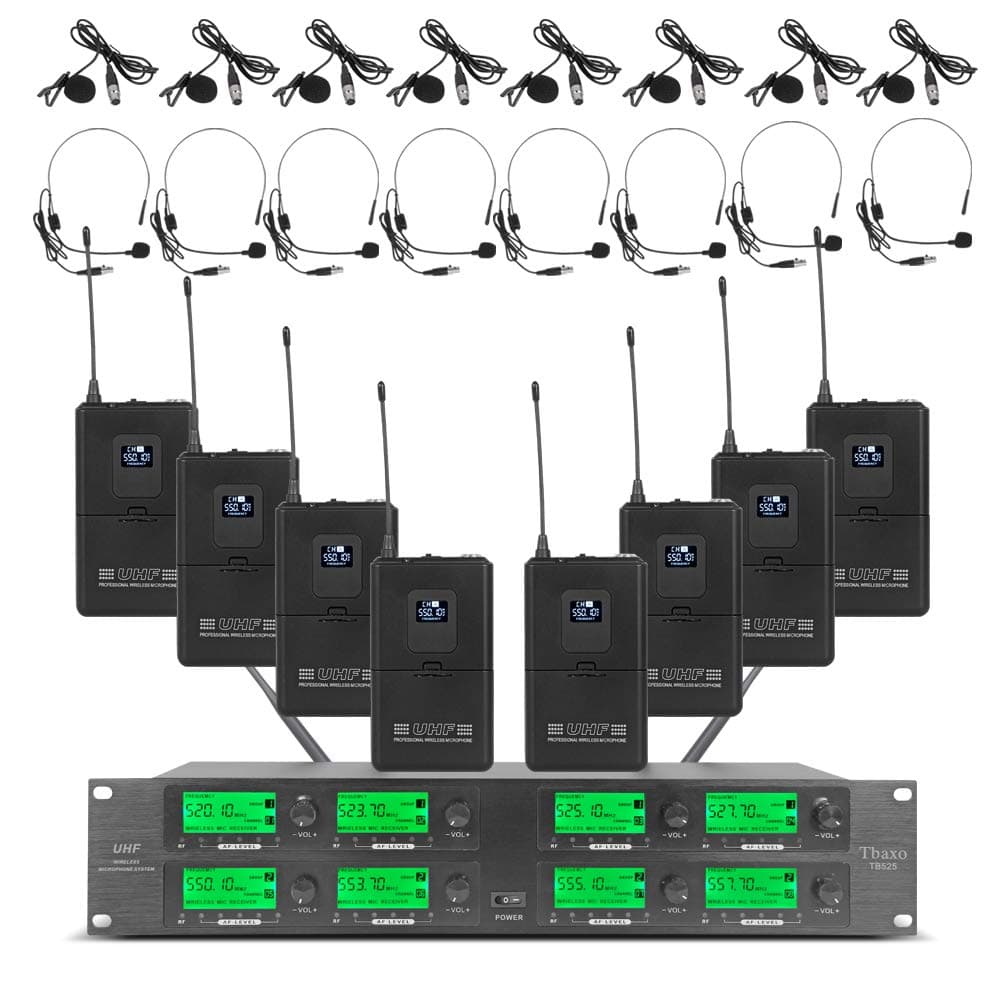 UHF Wireless Microphone System 8 Channel 8 Lavalier Bodypacks 8 Lapel Mic 8 Headsets for Karaoke System Church Speaking Conference Wedding Party 3 ...