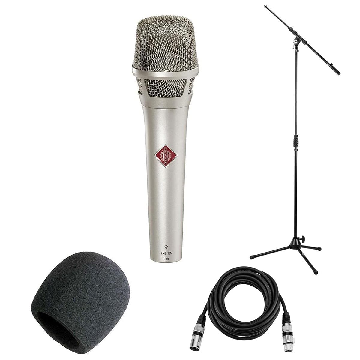 Neumann KMS 105 Supercardiod Vocal Condenser Microphone, Nickel Bundle with Tripod Mic Stand, XLR Cable and Windscreen
