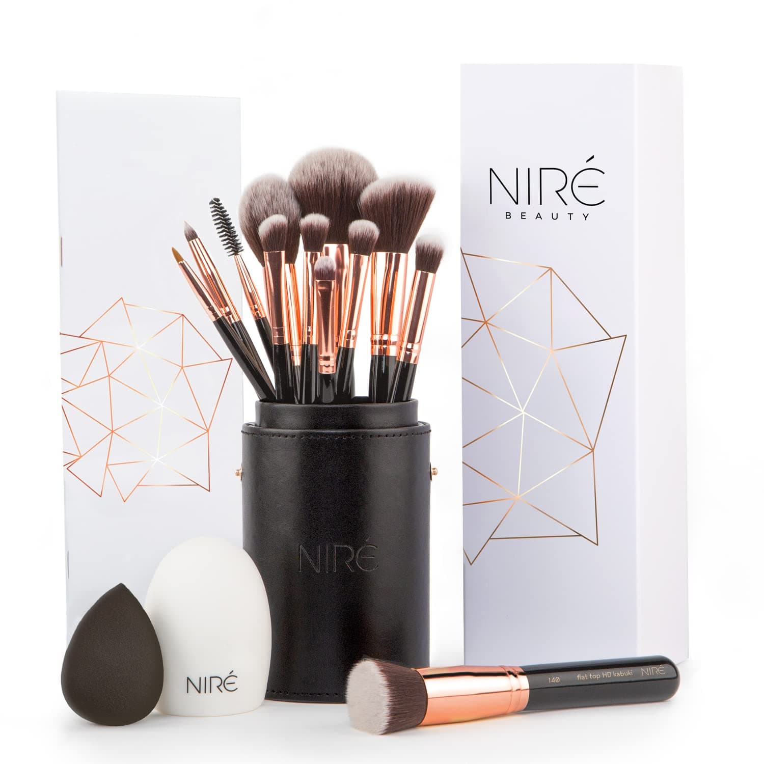 Niré Beauty 15piece Award Winning Professional Makeup Brush Set: Vegan Makeup Brushes with Case, Makeup Sponge, Brush Cleaner, Guide, Gift Box