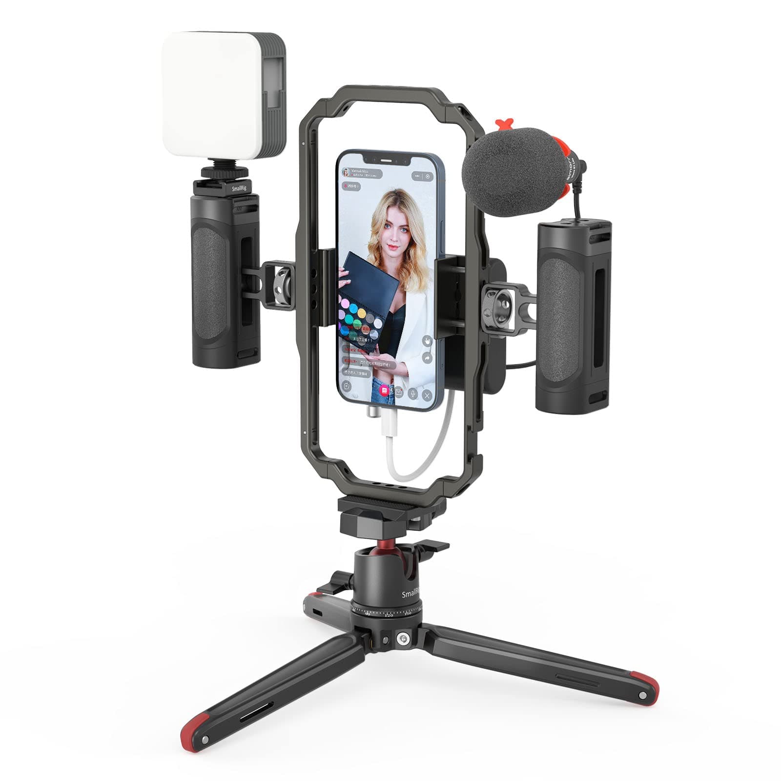 SmallRig Universal Phone Video Rig Kit for iPhone, Smartphone and Cameras, Phone Stabilizer Rig w/ Tripod Microphone LED Light Side Handle Power Ba...