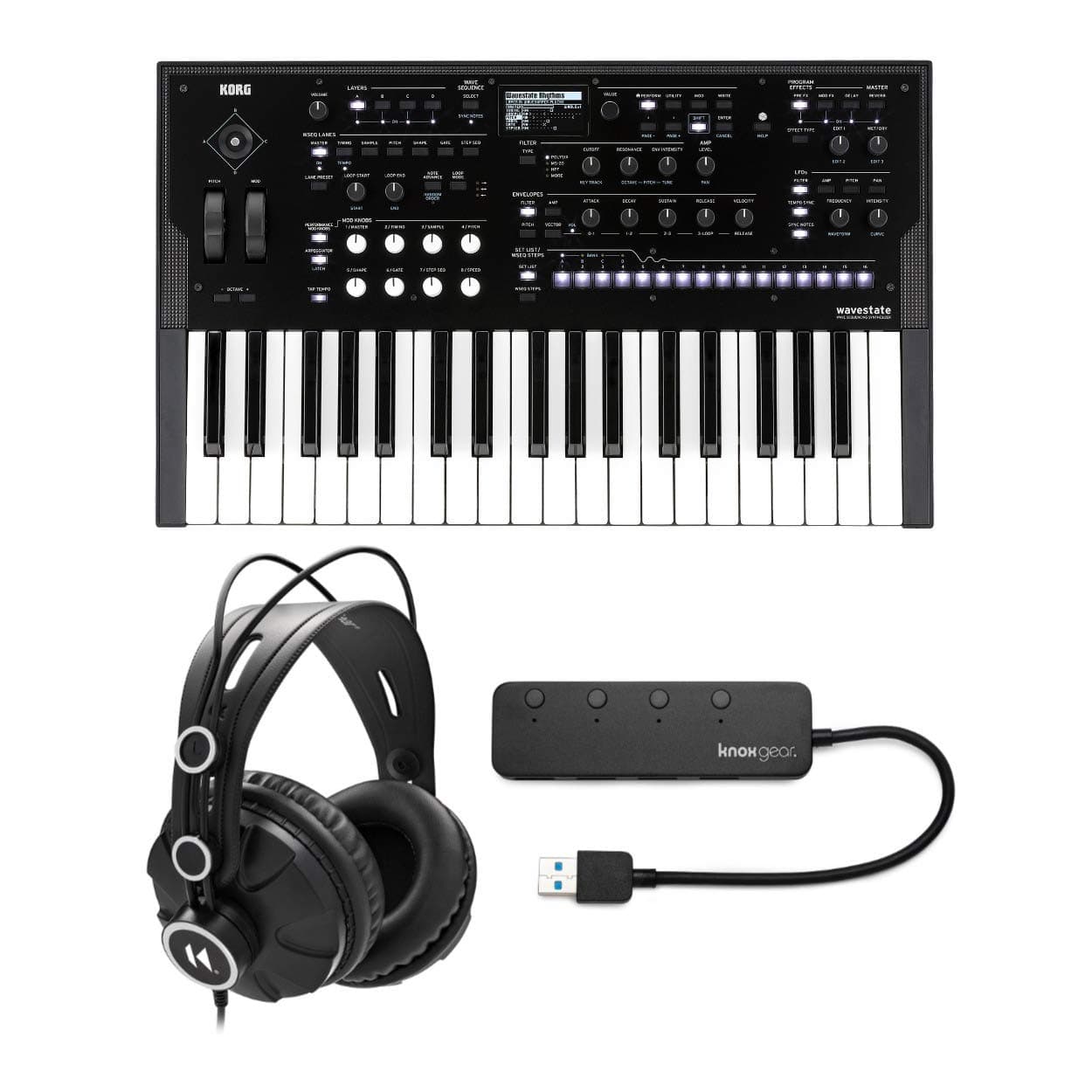 KORG Wavestate Wave Sequencing Digital Synthesizer Bundle with Knox Gear Closed-Back Studio Monitor Headphones & 4-Port USB 3.0 Hub (3 Items)