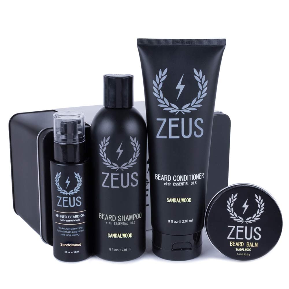 ZEUS Everyday Beard Care Kit – USA MADE – Beard Shampoo/Conditioner, Refined Beard Oil & Balm - Moisturizing & Smooth - Sandalwood