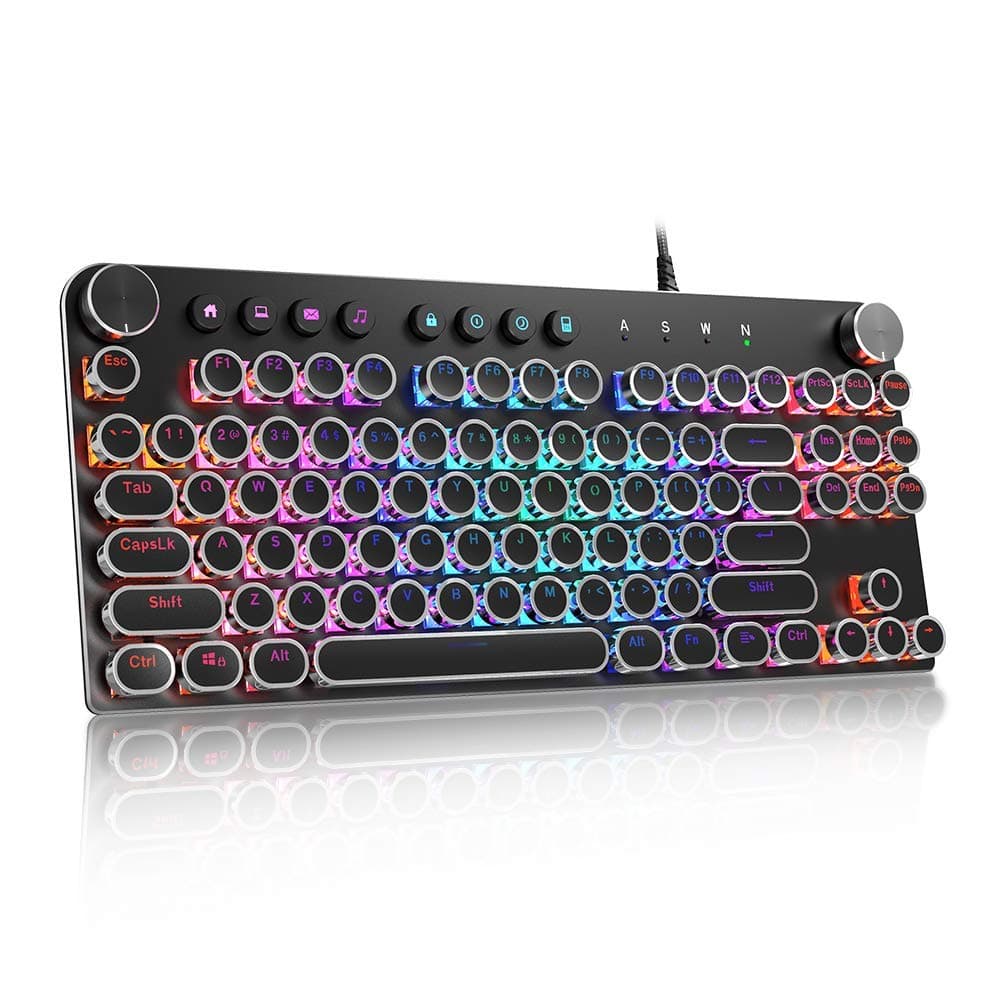 STOGA Typewriter Gaming Keyboard Mechanical with RGB Backlit Knobs 87 Keys Blue Switch Media Control Retro Round Keys Black
