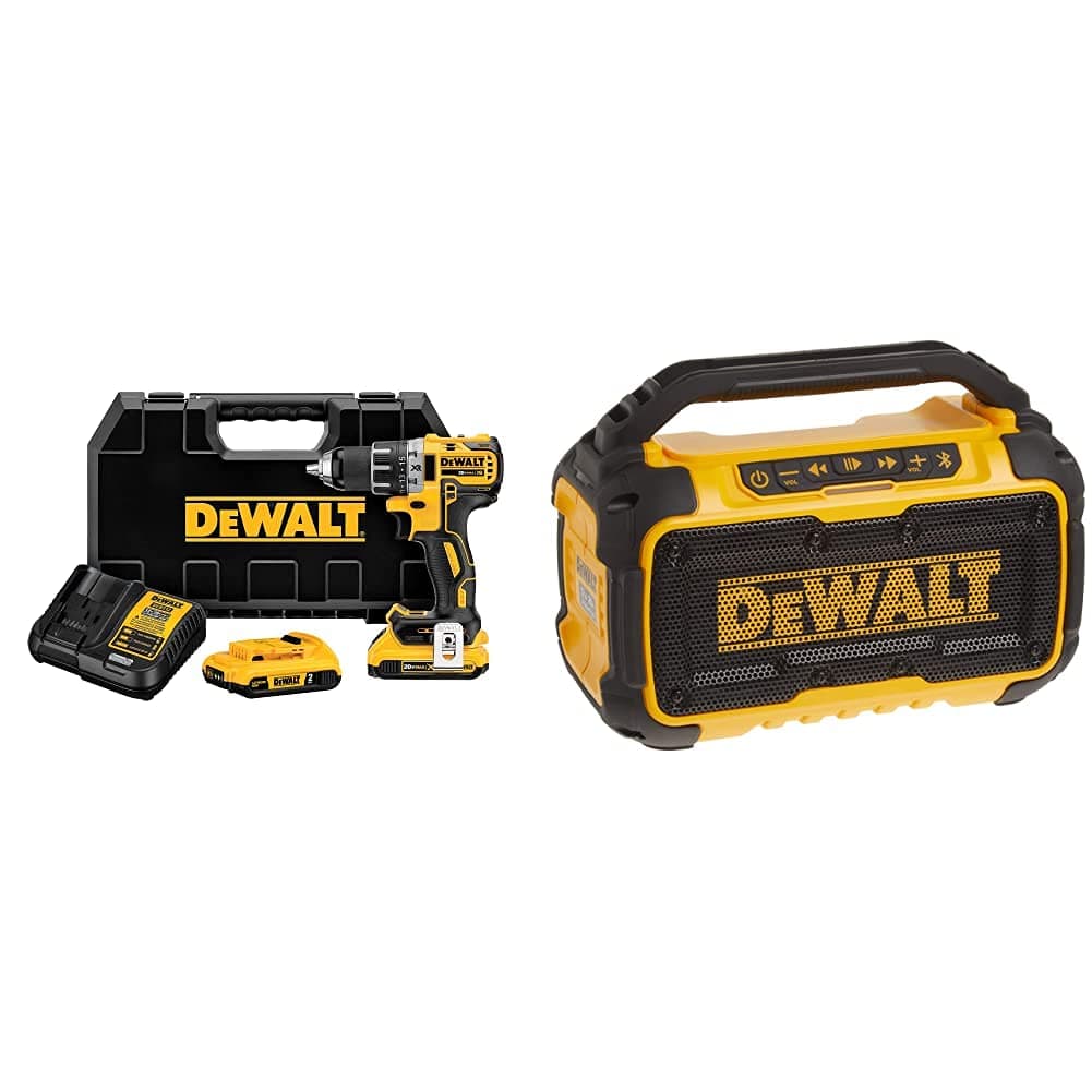 DEWALT 20V MAX Cordless Drill/Driver Kit, Brushless, 1/2-Inch (DCD791D2) with DEWALT 20V MAX* Bluetooth Speaker for Jobsite, Tool Only (DCR010)