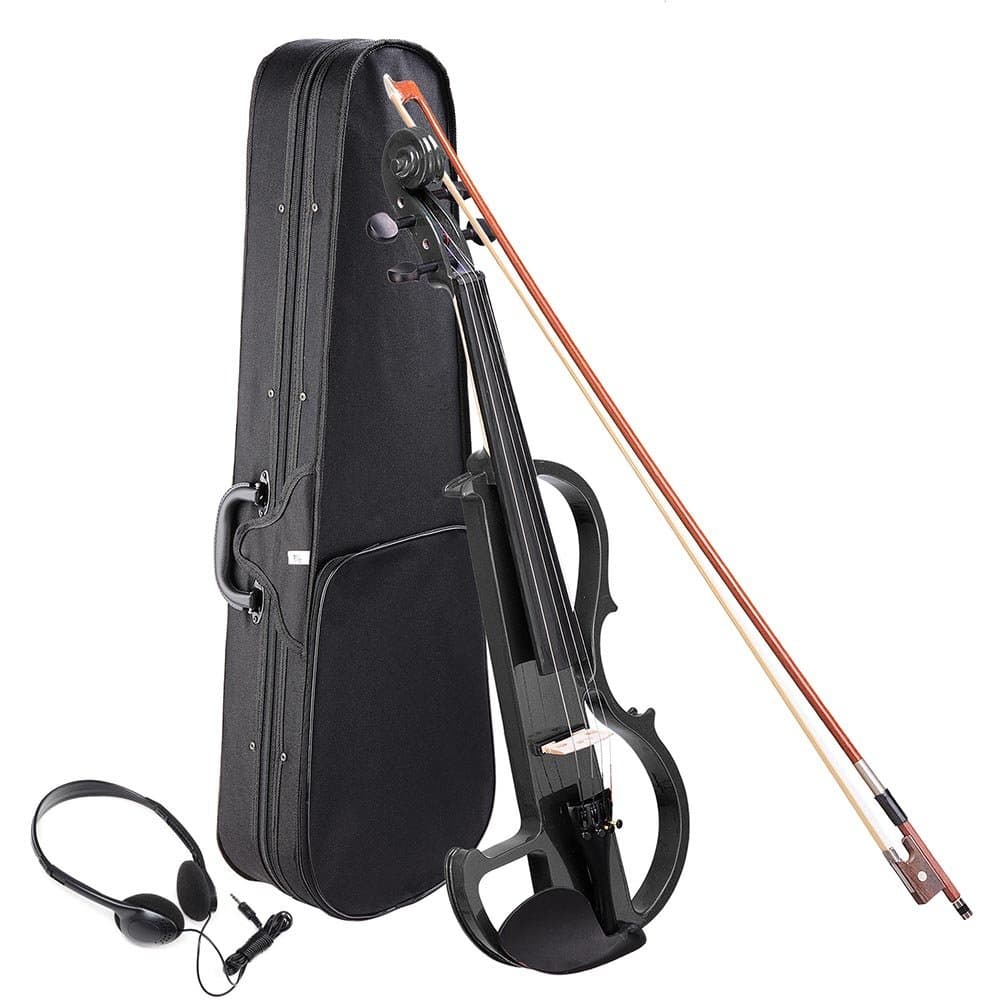 AW 4/4 Electric Violin Full Size Wood Silent Fiddle Musical Instrument Fittings Headphone Beginner Black