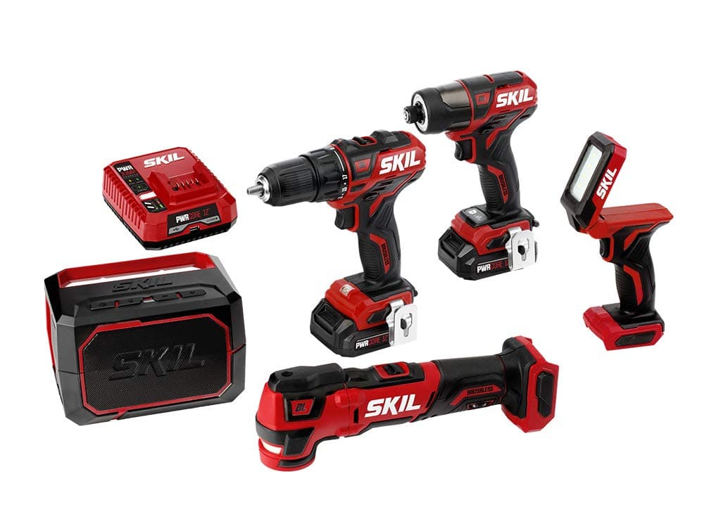 SKIL 5-Tool ComboKit: PWRCore 12 Brushless 12V Drill Driver, Impact Driver, Oscillating MultiTool, Area Light and Bluetooth Speaker, Includes Two 2...