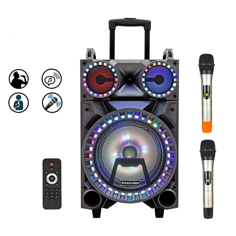Starqueen karaoke machine Portable Karaoke Speaker for Adults and Kids 12” Woofer Rechargeable PA System with 2 Wireless Micorphone/Remote/Wheels/D...