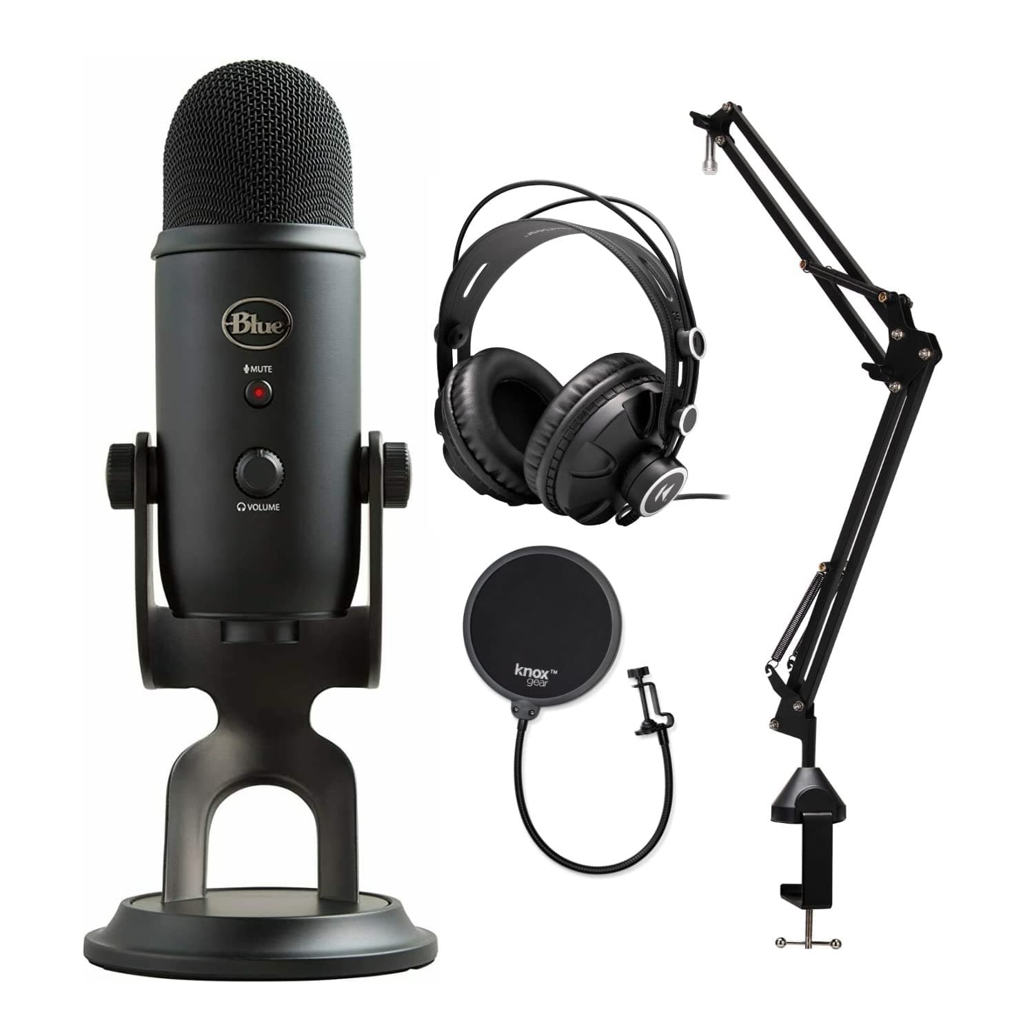 Blue Microphones Yeti Blackout USB Microphone Bundle with Knox Studio Stand, Studio Headphones and Pop Filter (4 Items)