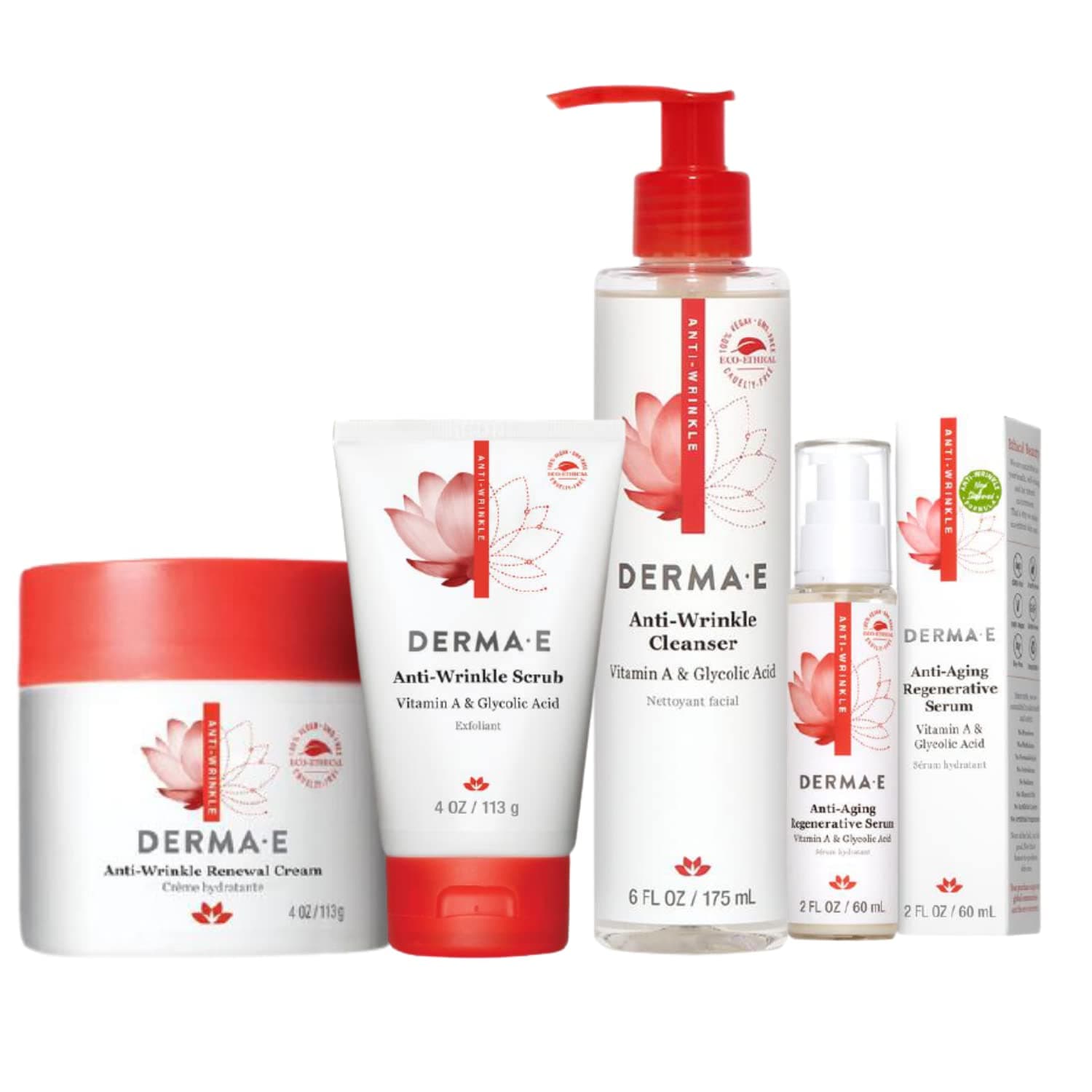 DERMA E Anti-Wrinkle Skincare Set – 4 Piece Anti-Aging Skincare Bundle - Anti-Wrinkle Renewal Skin Cream, Anti-Wrinkle Scrub With Glycolic Acid, An...