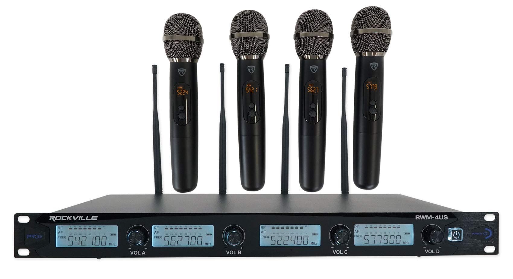 Rockville RWM-4US Quad Wireless UHF 4 Microphone System w/Adjustable Frequency