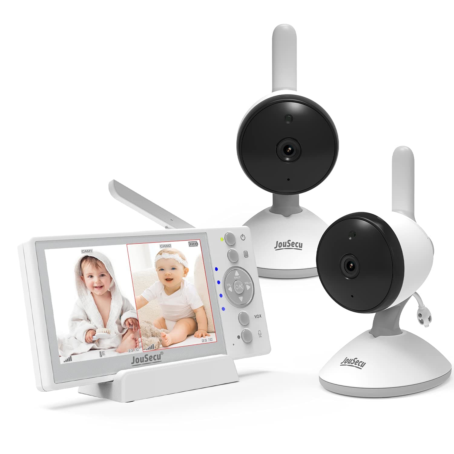 Baby Monitor with 2 Cameras, JouSecu Video Baby Monitor, 4.3 Inches LCD Split Screen, 1000ft Range Rechargeable Battery, with 2 Way Audio ,Temperat...