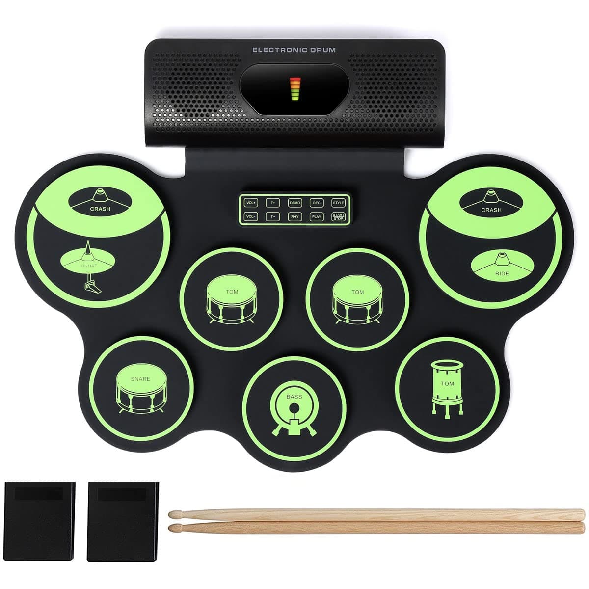 9 Pads Portable Electronic Drum Set with Built-in Speakers, Power Supply, Foot Pedals and Drumsticks, Roll Up Electric Musical Instruments
