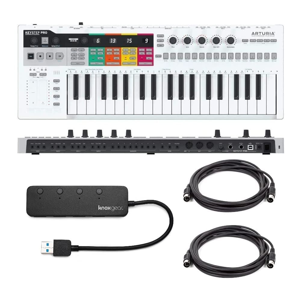Arturia KeyStep Pro 37-Key Controller/Sequencer USB/MIDI/CV Keyboard Bundle With Monoprice 20-Feet MIDI Cables and Knox Gear 4-Port USB Hub (4 Items)