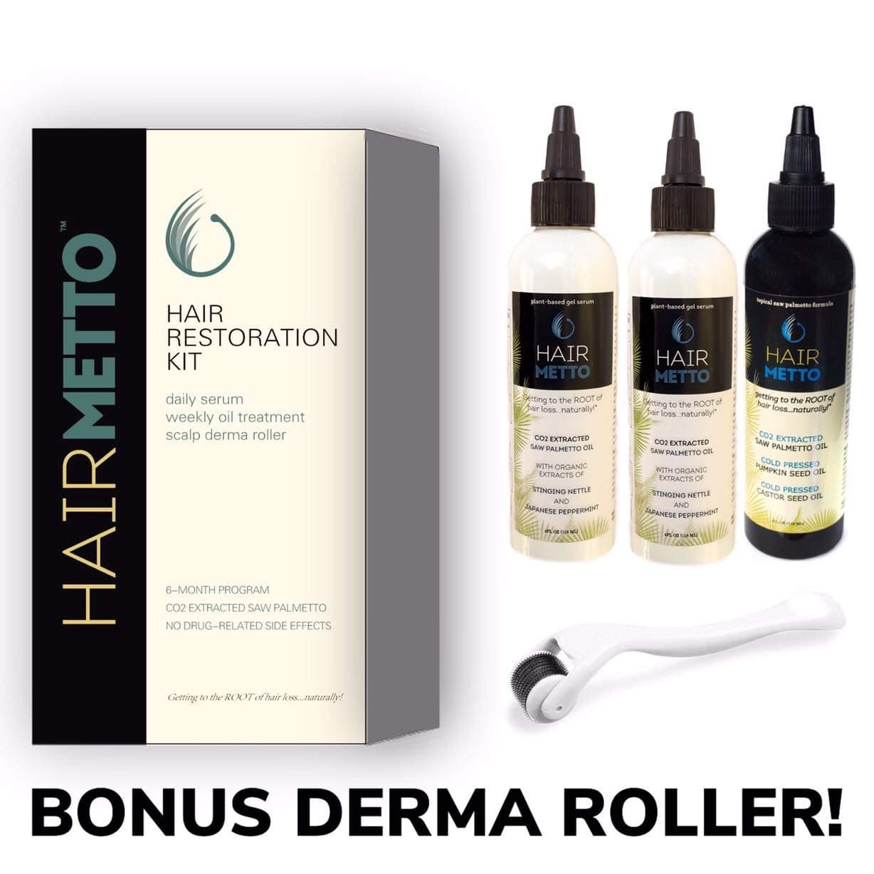 HAIRMETTO Hair Restoration Kit for Hair Loss and Regrowth | Saw Palmetto, Pumpkin Seed Oil | Stinging Nettle Serum | Scalp Derma Roller | For Men a...