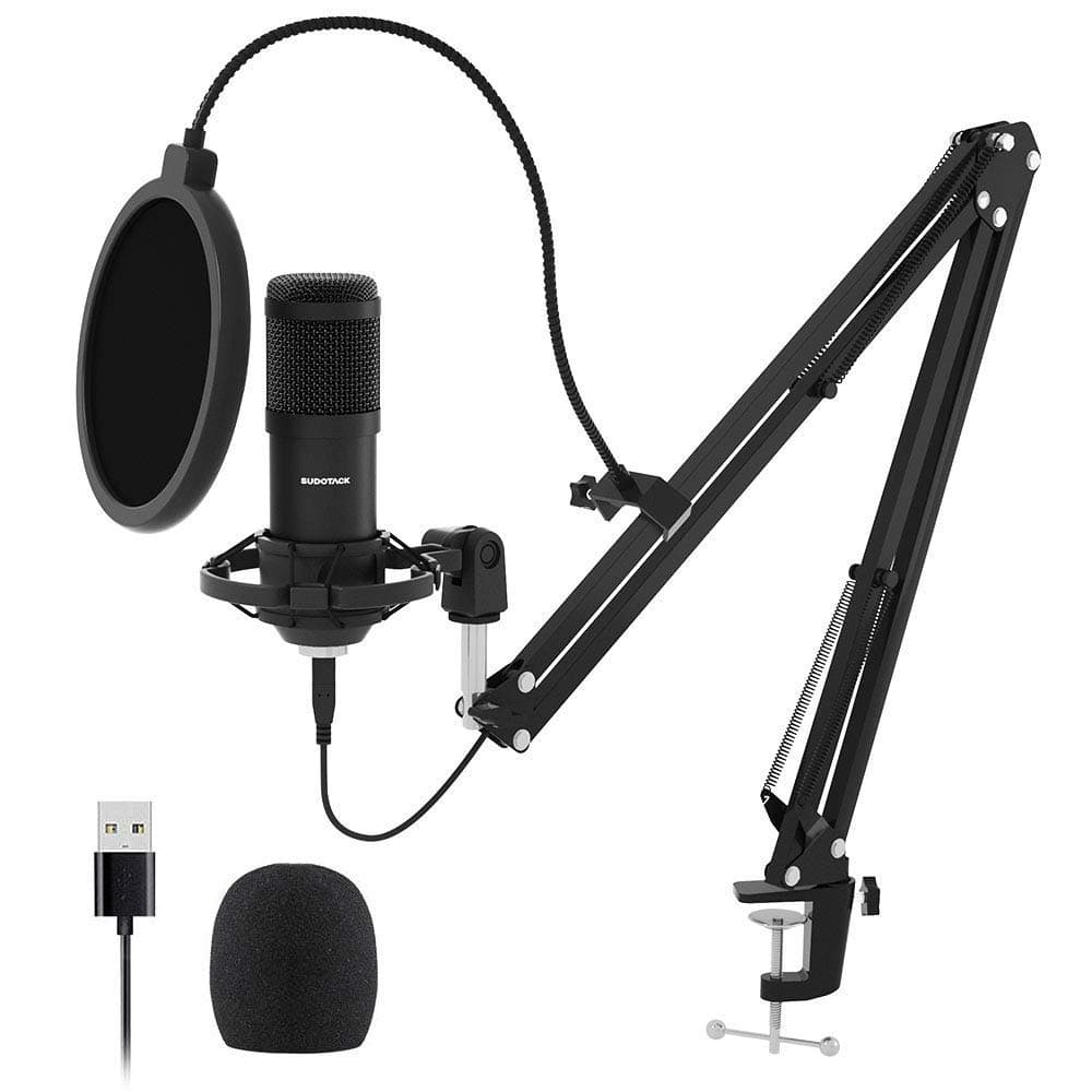USB Streaming Podcast PC Microphone, SUDOTACK Professional 192KHZ/24Bit Studio Cardioid Condenser Mic Kit with Sound Card Boom Arm Shock Mount Pop ...