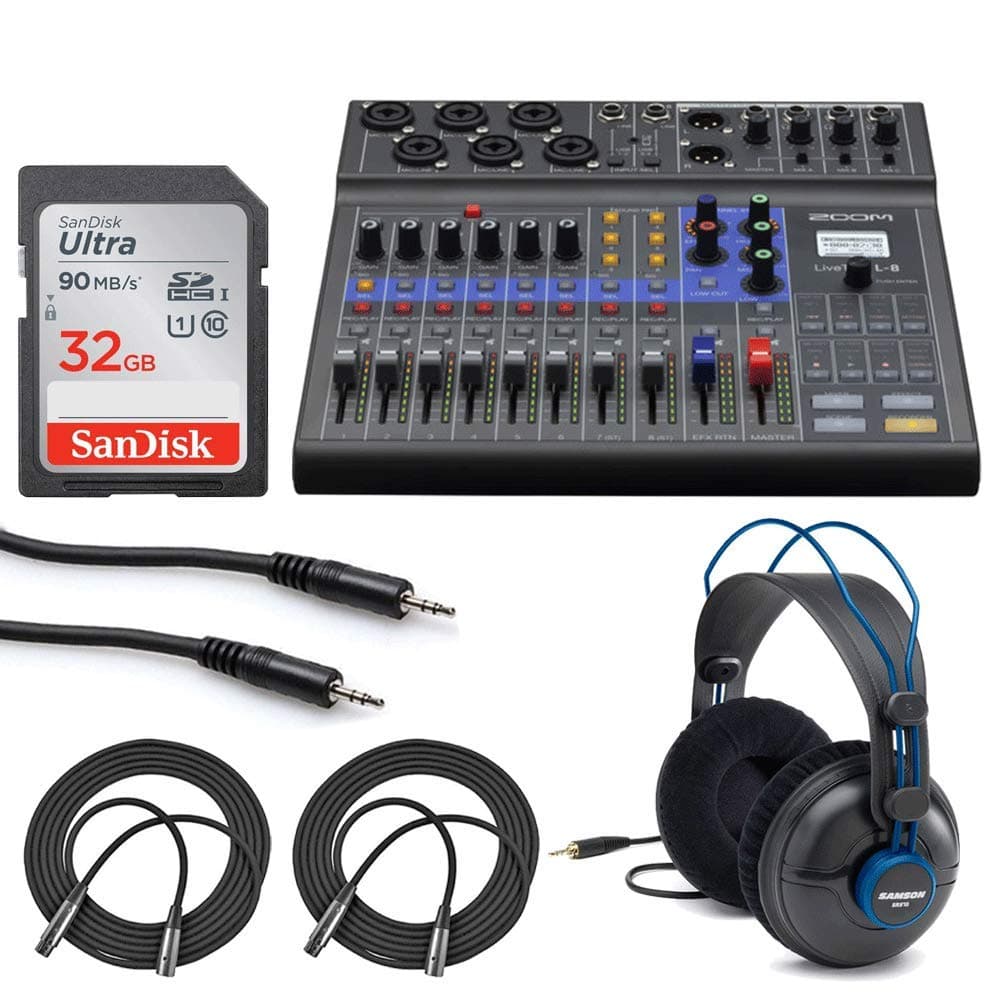 Zoom LiveTrak L-8 Portable 8-Channel Digital Mixer and Multitrack Recorder + 32GB Memory Card + Studio Headphones + Stereo Mini Male Cable + Mic Ca...