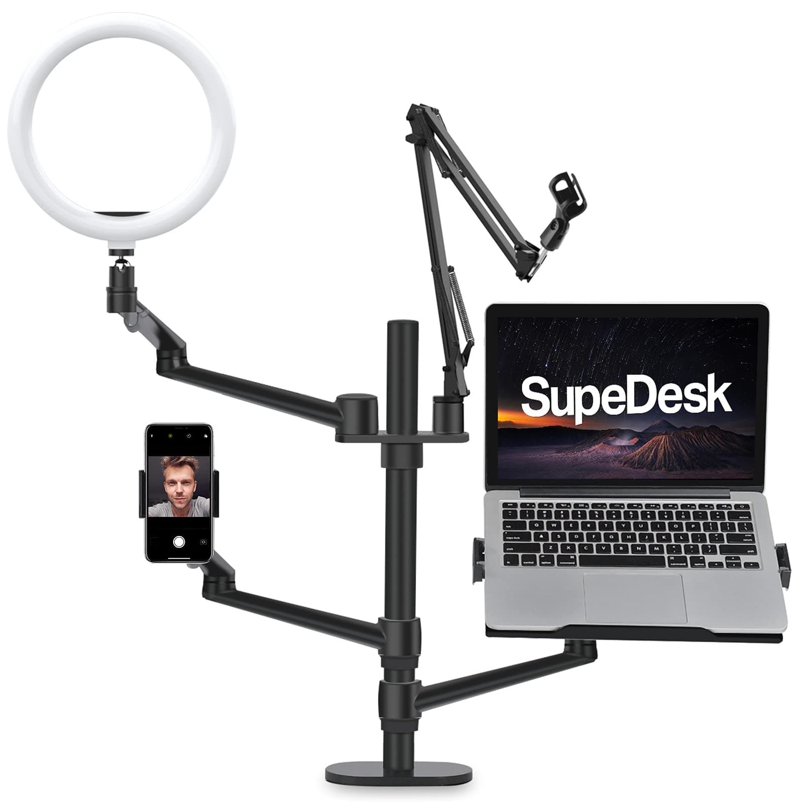 SupeDesk Ring Light for Computer 6-in-1 Desk Mount, Microphone Arm,Compatible with 3.5-6.7" Phone/12-17 Laptop/17-32 Monitor/7-13 Tablet/DSLR C...