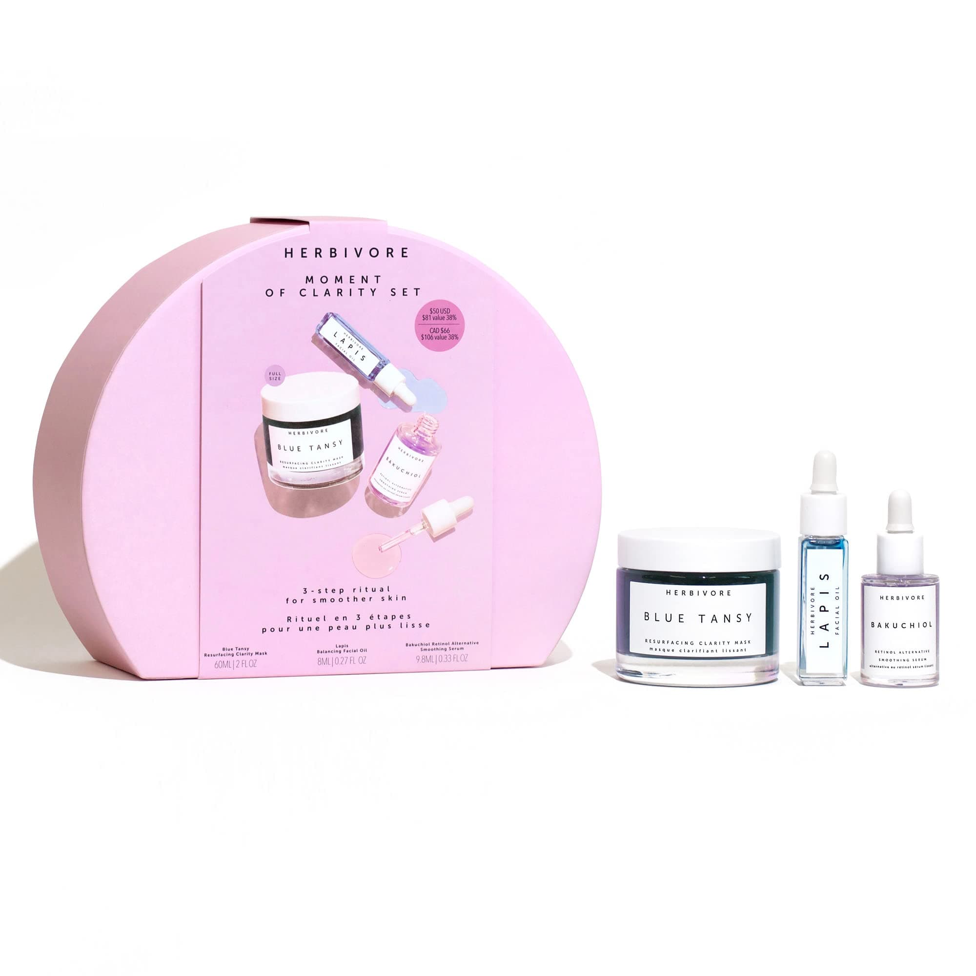 Herbivore Botanicals Moment of Clarity Essential Kit for Clear Skin – Blue Tansy BHA Mask, Bakuchiol Retinol Alternative Serum and Lapis Oil for Sm...
