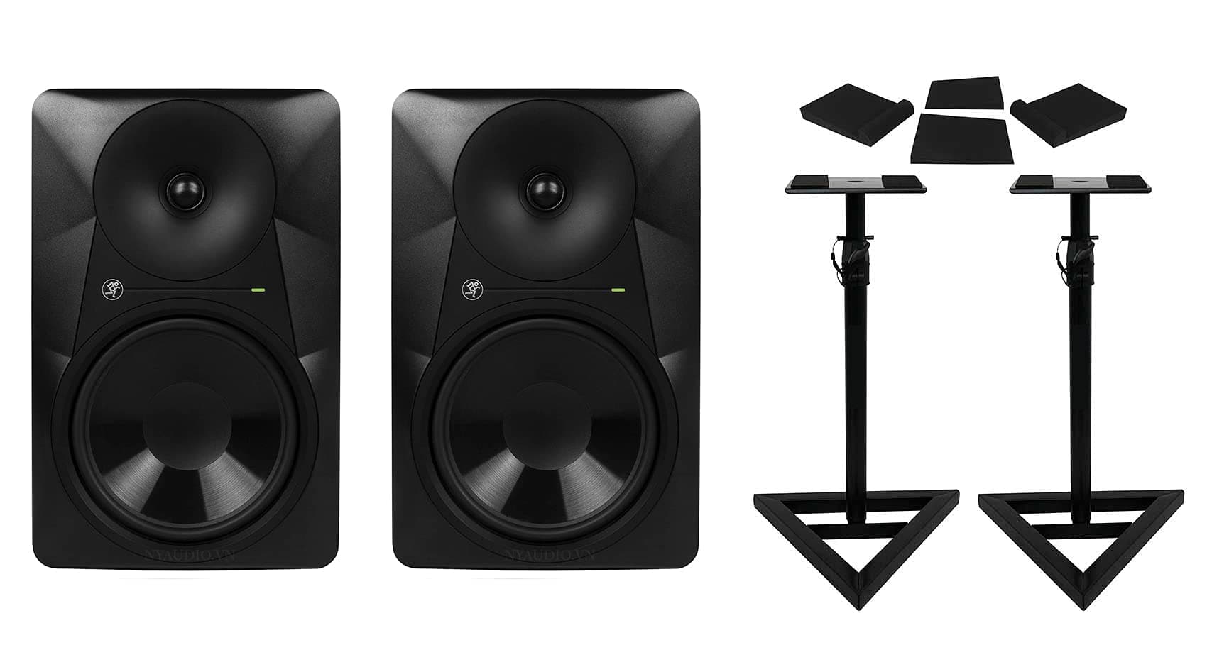 Mackie MR824 8 85W Monitor Speaker Bundle with Pair Rockville RRS263M Foam Studio Monitor Isolation Pads and RVSM1 Pair of Monitor Stands