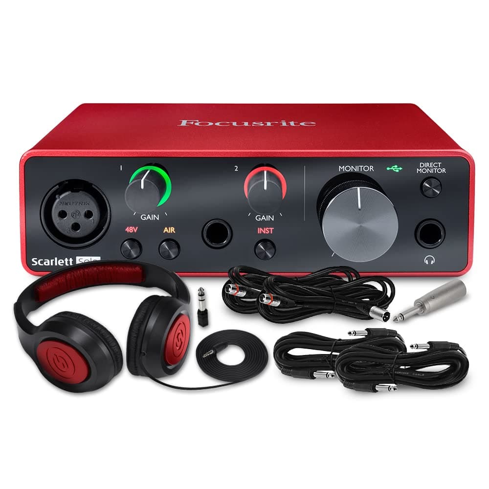 Focusrite Scarlett Solo USB Audio Interface (3nd Generation) + Professional Monitoring Headphones, Cables and Deluxe Accessory Bundle