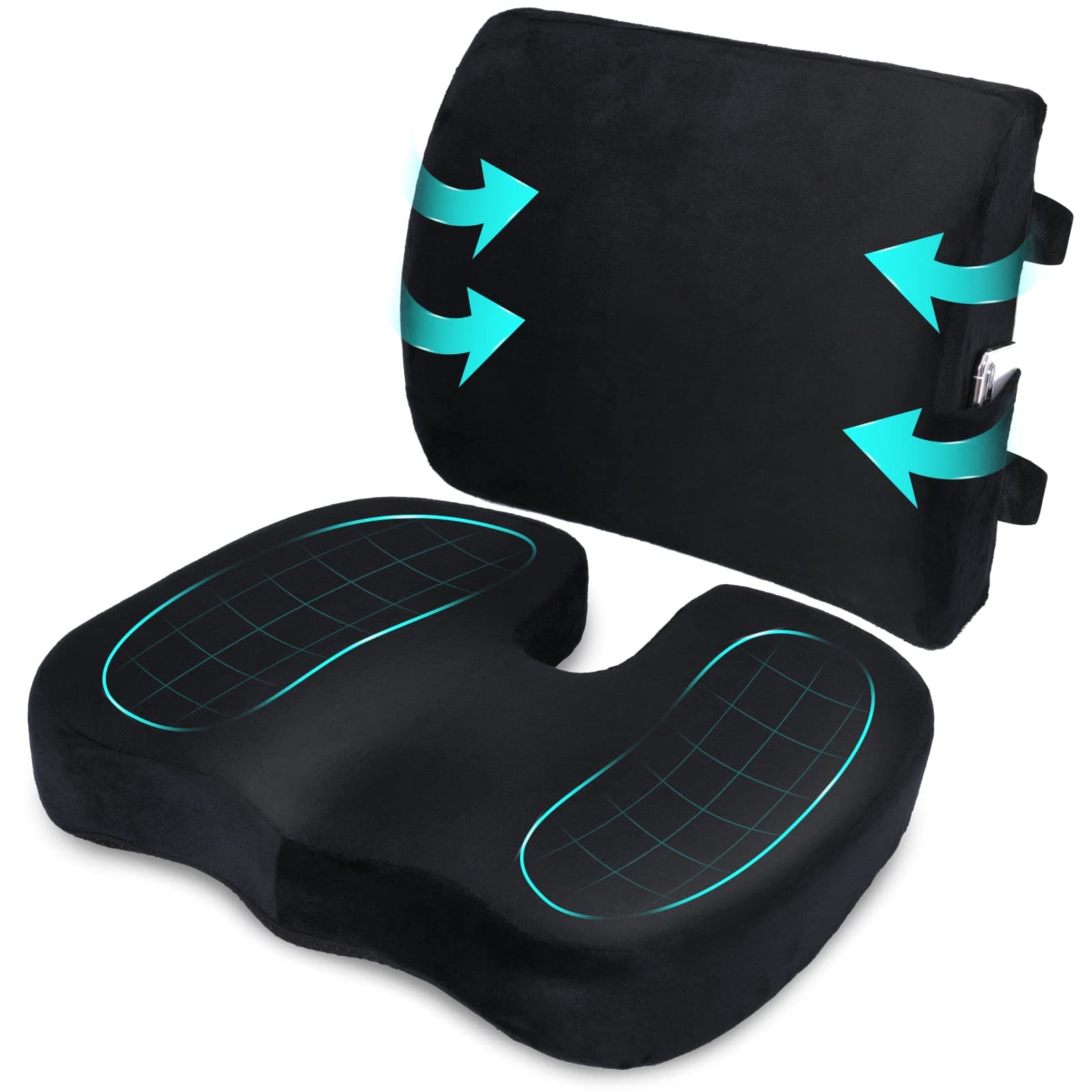 Orthopedic Seat Cushion and Lumbar Support Pillow for Office Chair Memory Foam Car Seat Cushion with Washable Cover Ergonomic Desk Chair Cushion fo...