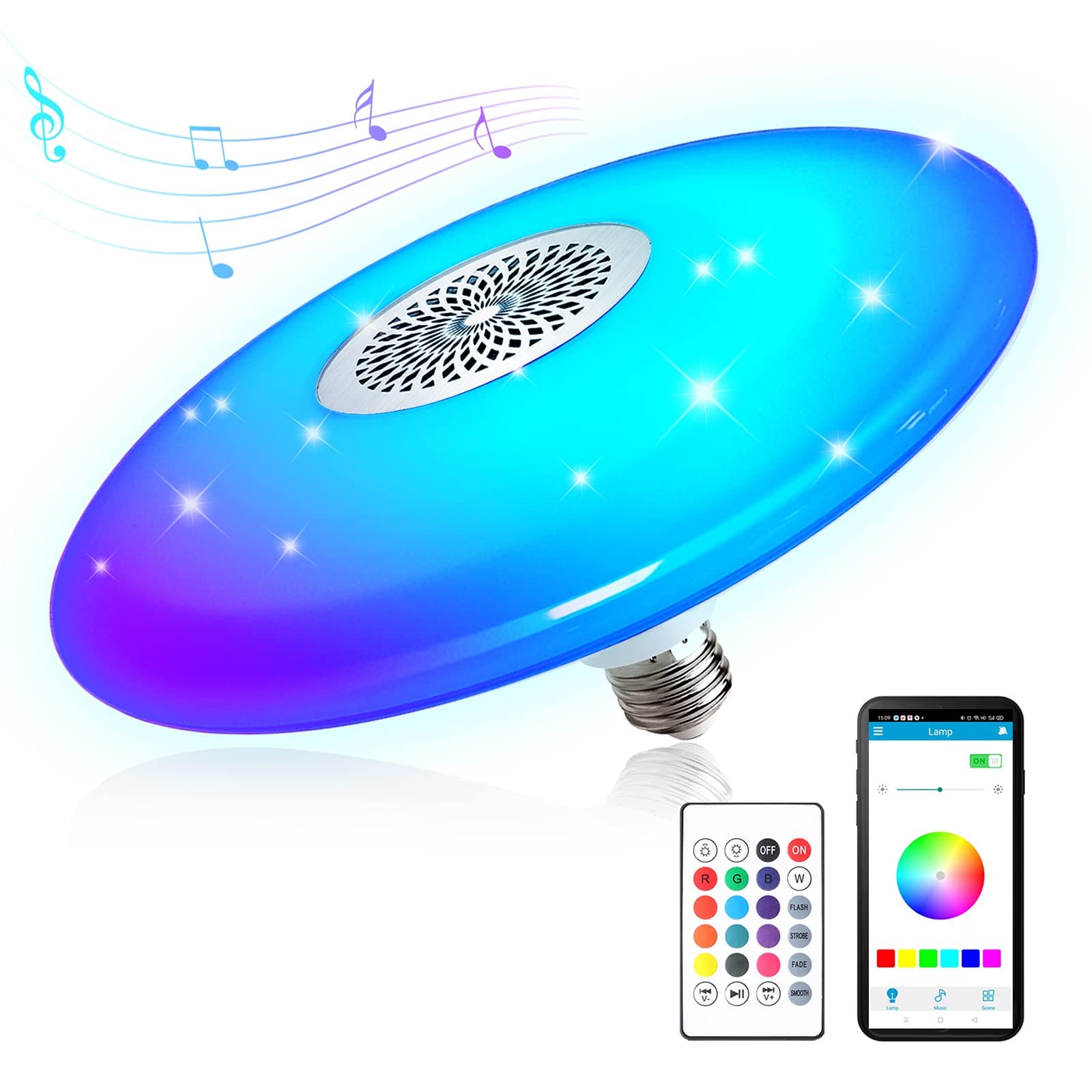 ZOKEZ Bluetooth Light Bulbs with Speaker，48w,3600LM(300W Equivalent), E26/E27 RGB Color Changing Light Bulbs with Remote,Light Bulb Speaker for Bed...