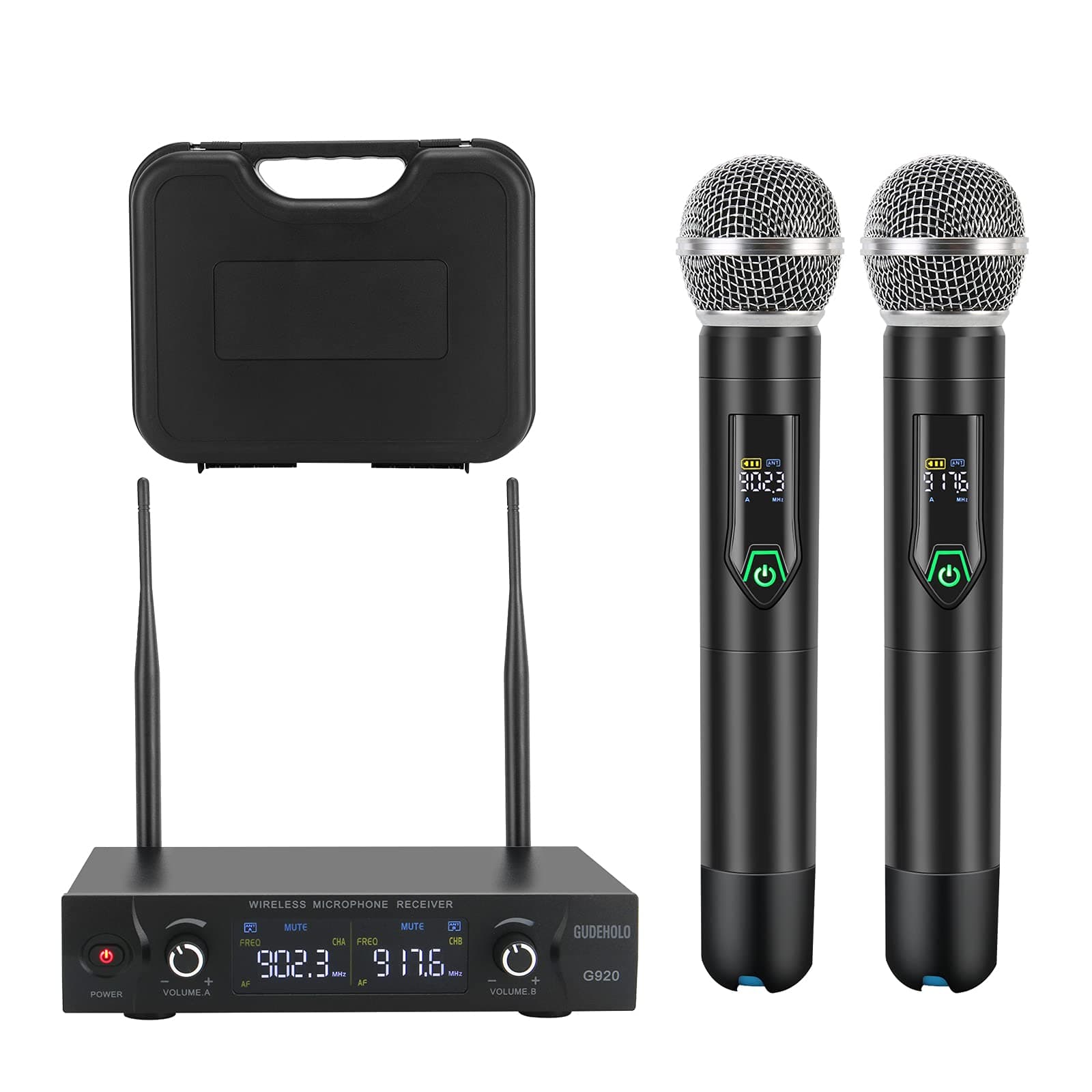 GUDEHOLO Wireless Microphone System with case, Metal UHF Dual Handheld 20 Channels Professional Cordless Mic System for Church, DJ, Karaoke,Wedding...