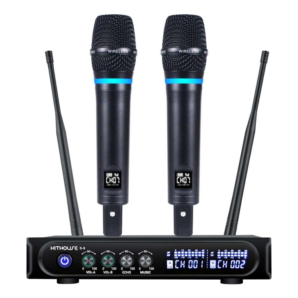 Kithouse S9 UHF Rechargeable Wireless Microphone System Karaoke Microphone Wireless Mic Cordless Dual with Bluetooth Receiver Box + Volume Control ...