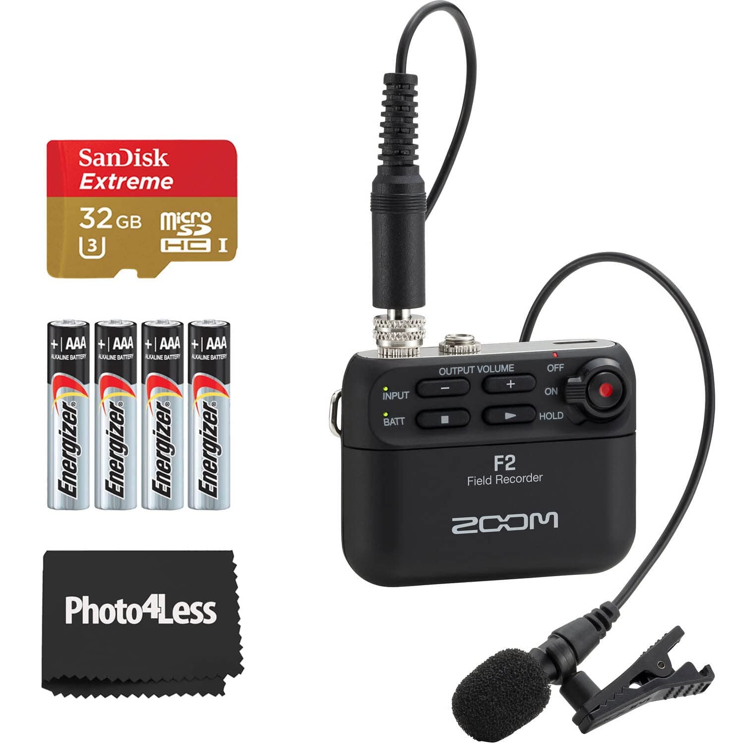 Zoom F2 Ultracompact Portable Field Recorder with Lavalier Microphone with Flash 32 GB Microsdhc Memory Card UHS-I Gold, Red and 4-Pack AAA Alkalin...