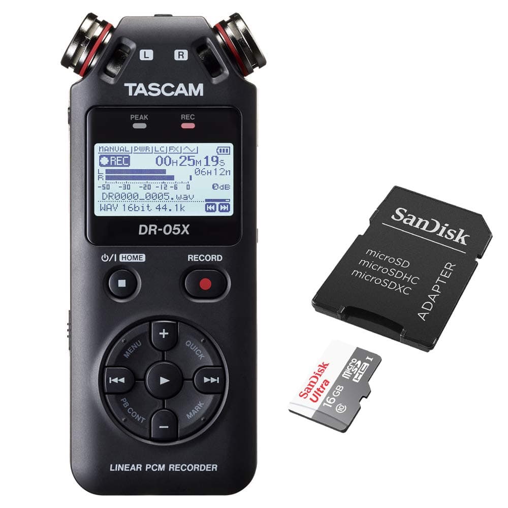 Tascam DR-05X 2-Input / 2-Track Portable Audio Recorder with Onboard Stereo Microphone & 16GB microSDHC Memory Card w/SD Adapter Bundle