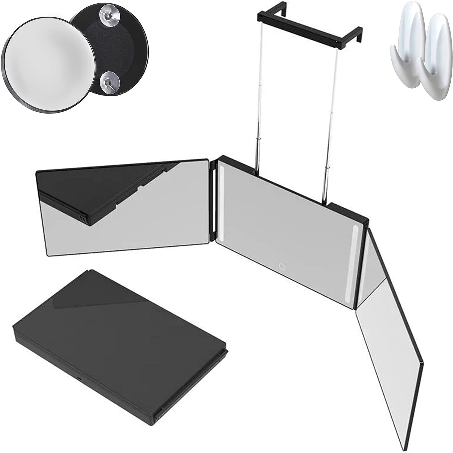 Self Haircut Mirror - Led Lighted - Adjustable Telescoping Hooks for Shaving - DIY Tri Fold for Home or Travel - Folding Makeup Mirror with Light