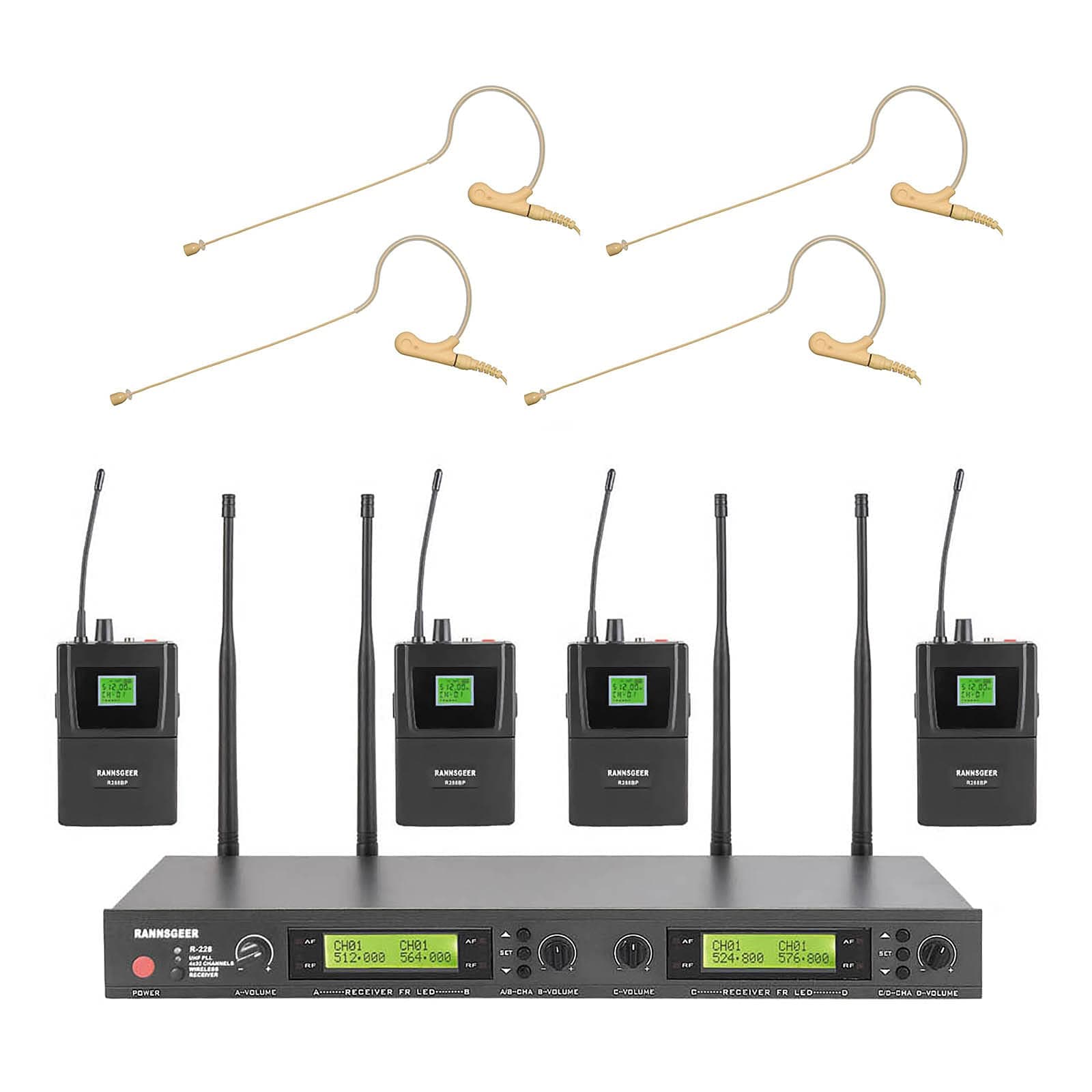 Rannsgeer 4 Channel Wireless Microphone Detachable Mini Headsets UHF 128 Selectable Frequencies R288HS4UVS70DT