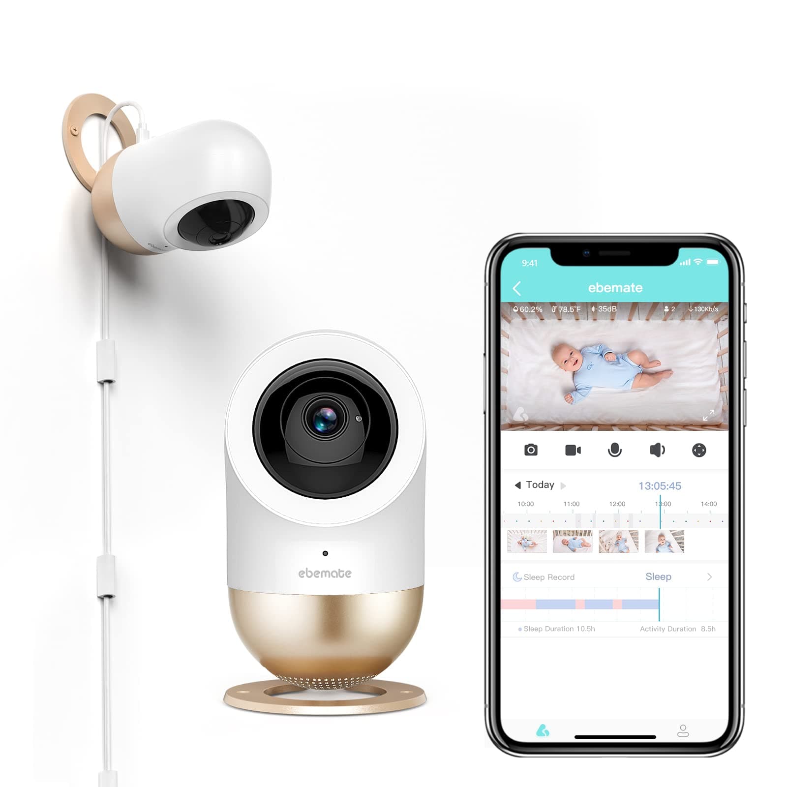 Ebemate 1080P Smart Baby Monitor Camera,AI Video Baby Monitor with HD Video & Audio No Glow Night Vision,Soft Night Light,Temperature & Humidity Se...