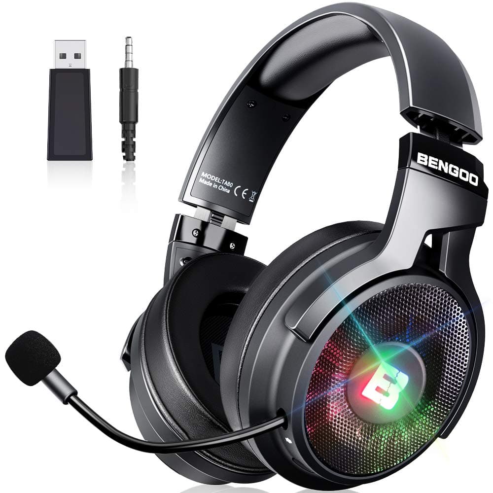 BENGOO 2.4G Wireless Gaming Headset Headphones with Microphone for PS4 PS5 PC, 3.5mm Wired Mode for Switch Xbox Controller, Noise Cancelling Over E...