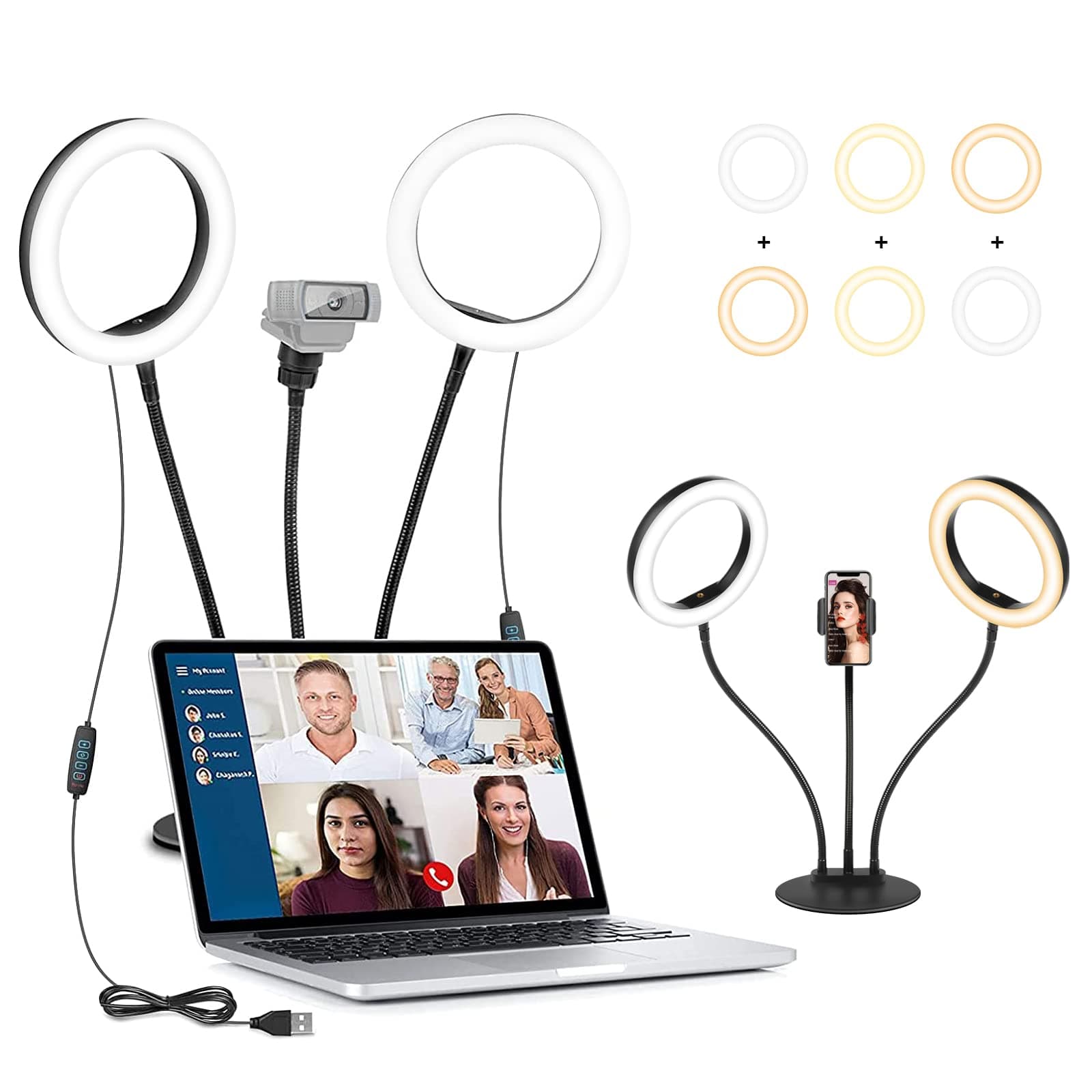 Desk Ring Light for Zoom Meetings - Circle Light for Computer Laptop With Stand & Phone Holder - Webcam Lighting for Makeup, Video Recording, Photo...