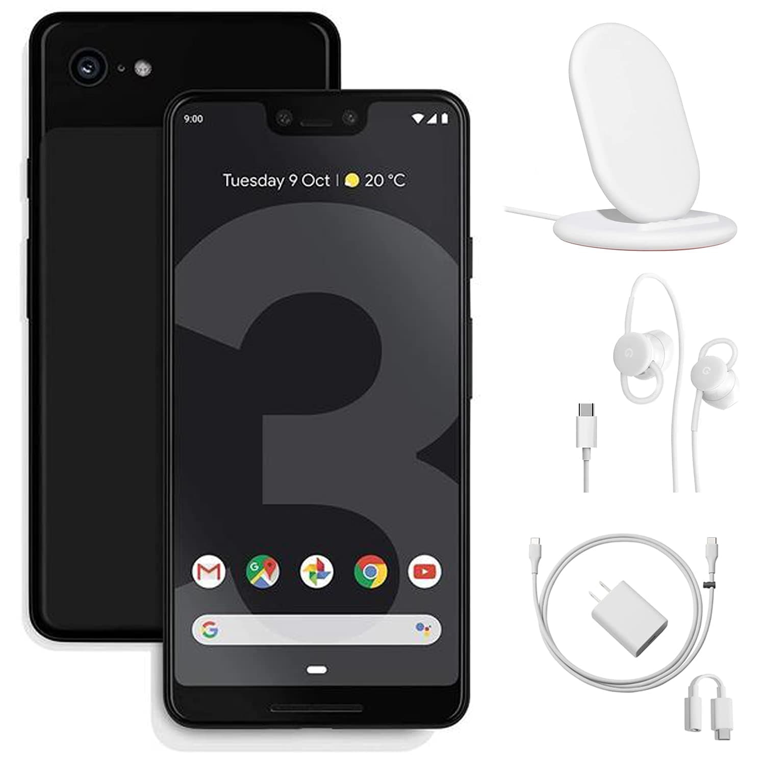 Google Pixel 3 Unlocked Smartphone - 64GB Memory Cell Phone, Just Black, w/Charging Stand, Wired Earbuds and Google Charger - Bundle Set