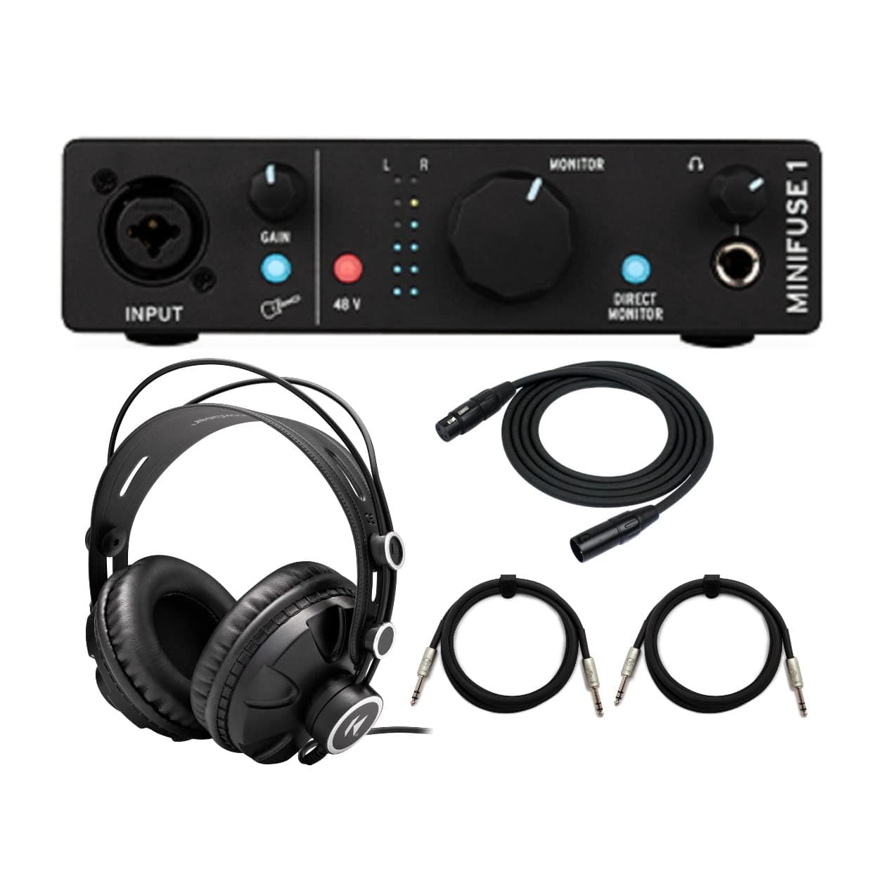 Arturia MiniFuse 1 USB-C Audio Interface (Black) Bundle with Studio Headphones, XLR and TRS Cables Bundle (5 Items)