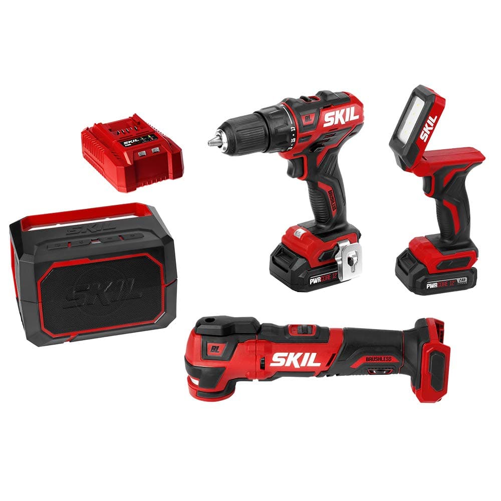 SKIL 4-Tool Combo Kit: Pwrcore 12 Brushless 12V 1/2" Drill Driver, Oscillating Multitool, Area Light & Bluetooth Speaker, Includes Two 2.0Ah Li...