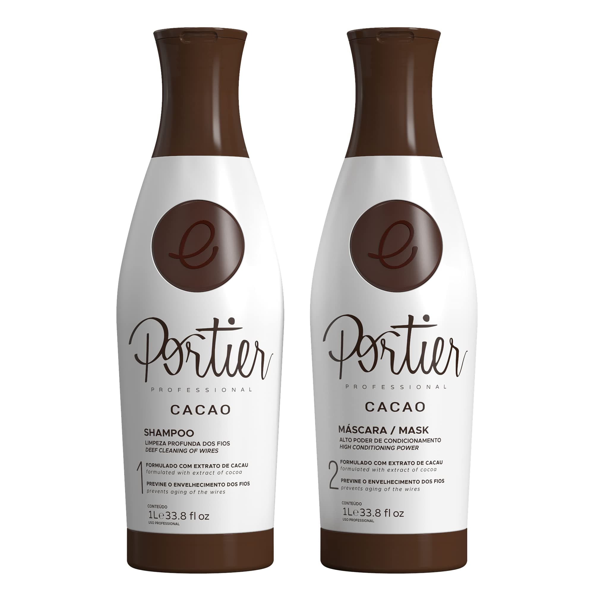 Portier Cacao Shampoo and Brazilian Hair Mask for Dry, Damaged Hair, Advanced 2-Step Treatment, Smoothing and Moisturizing Haircare for Curly, Colo...