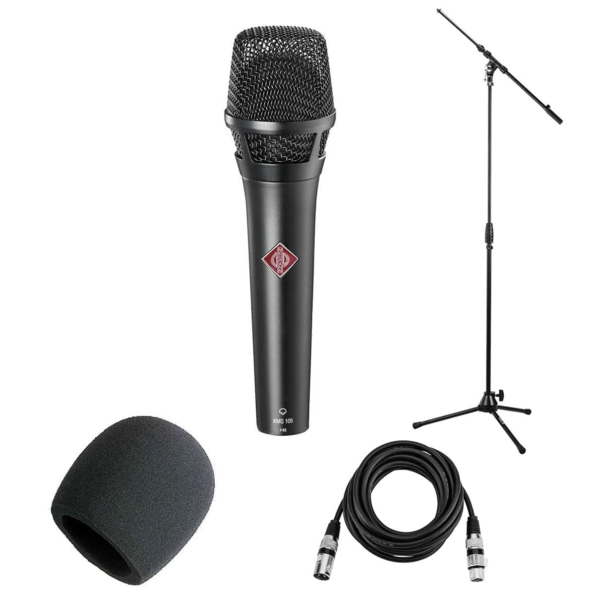 Neumann KMS 105 Supercardiod Vocal Condenser Microphone, Black Bundle with Tripod Mic Stand, XLR Cable and Windscreen
