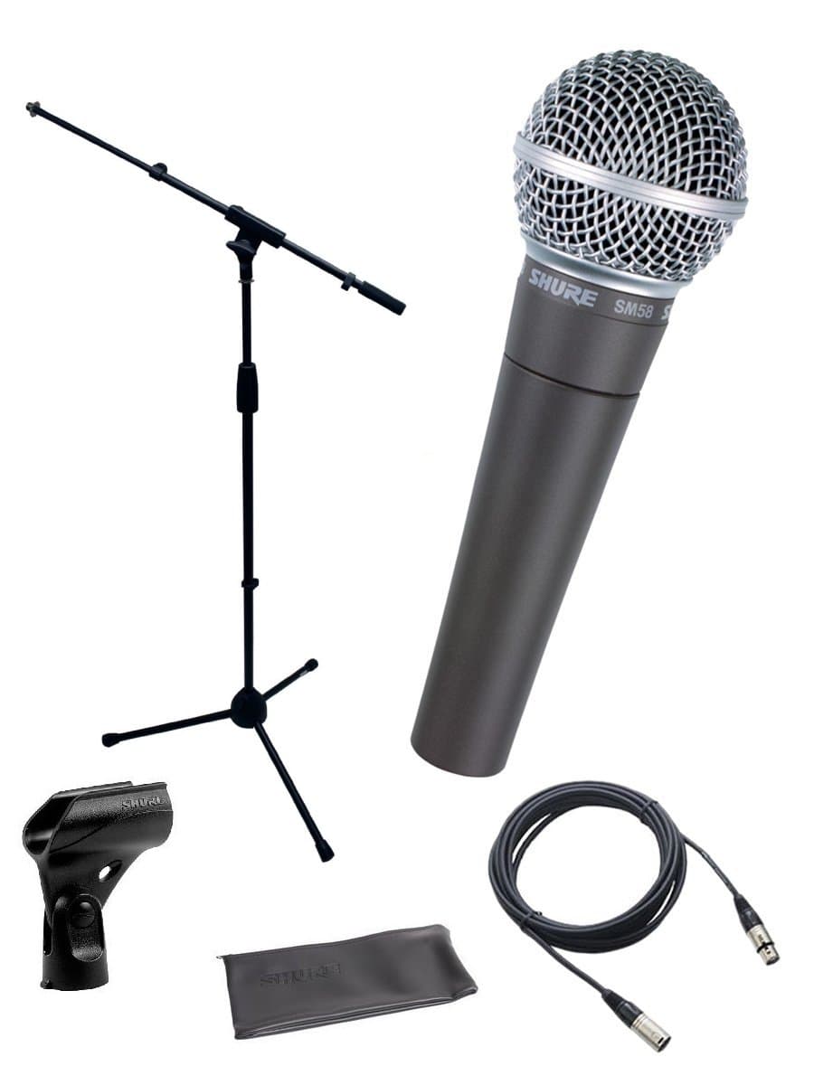 Shure SM58-LC Cardioid Dynamic Vocal Microphone Bundle with Stand Adapter and Zippered Pouch