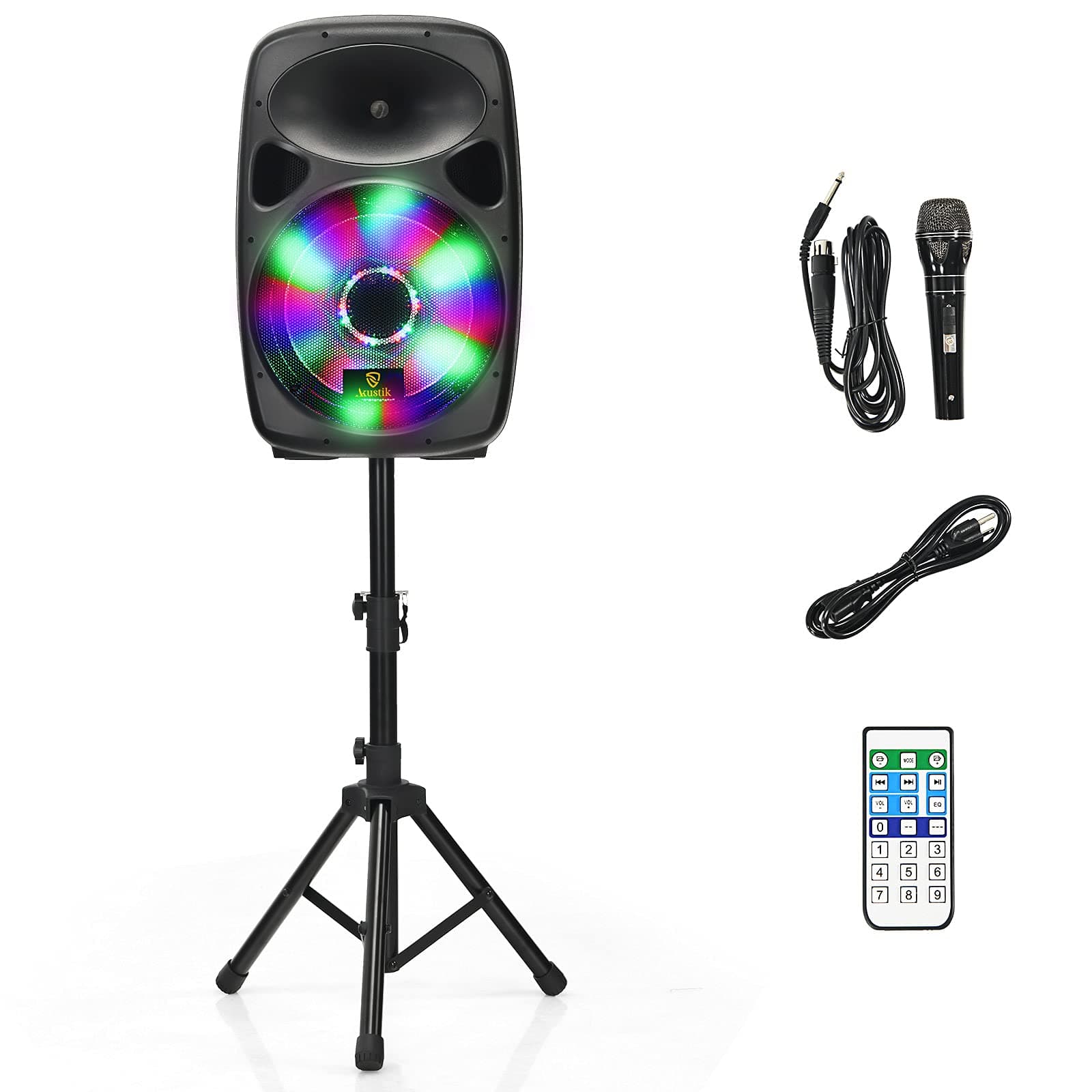 AKUSTIK Portable PA Speaker System with LED Light, 2-Way Full Range Powered Speaker with Wheels, Speaker Stand/Microphone/Bluetooth/EQ/USB/SD/FM, D...