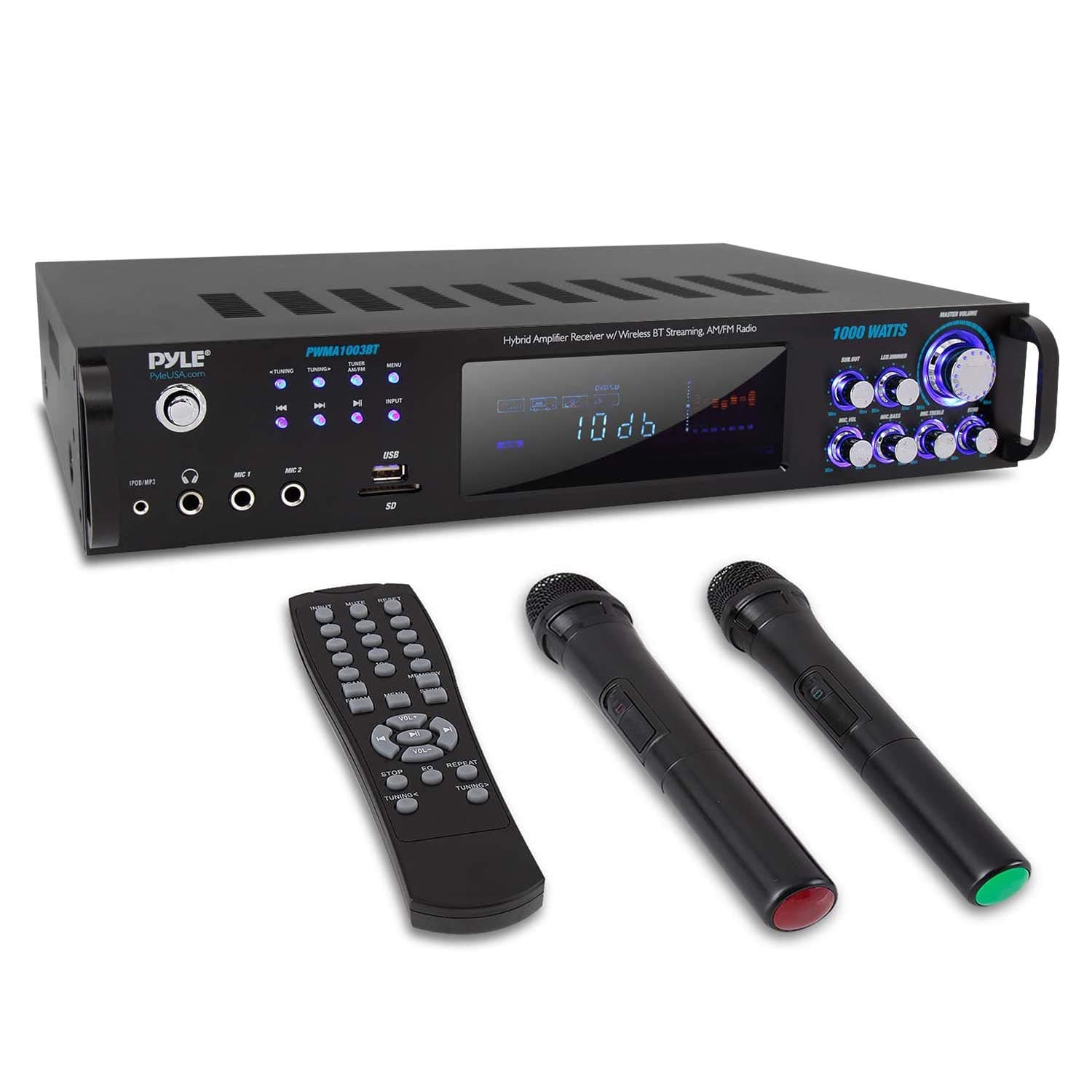 4 Channel Bluetooth Power Amplifier - 1000W Home Audio Rack Mount Stereo Receiver w/AM FM Radio, USB, Headphone, Dual Wireless Mic w/Echo for Karao...
