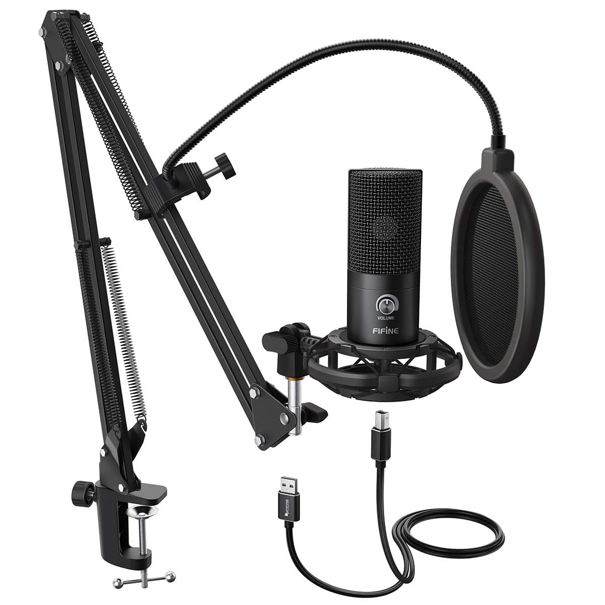 FIFINE Studio Condenser USB Microphone Computer PC Microphone Kit with Adjustable Scissor Arm Stand Shock Mount for Instruments Voice Overs Recordi...