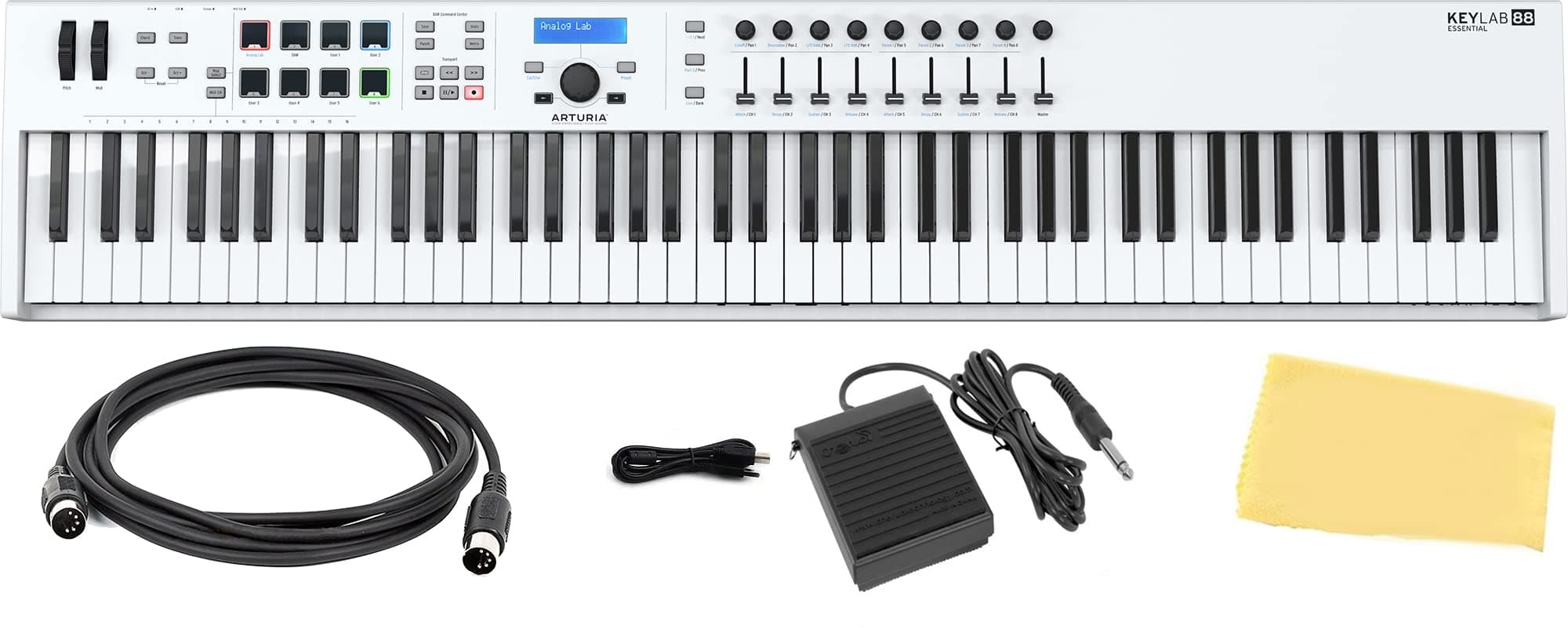 Arturia KeyLab Essential 88 88-key USB MIDI Keyboard Controller Bundle w/USB Cable, MIDI Cable, Deluxe Sustain Pedal, and Austin Bazaar Polishing C...