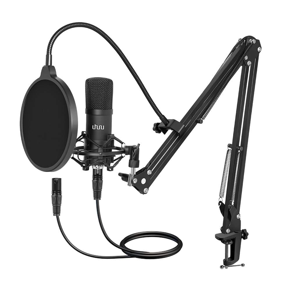 XLR Condenser Microphone, UHURU Professional Studio Cardioid Microphone Kit with Boom Arm, Shock Mount, Pop Filter, Windscreen and XLR Cable, for B...
