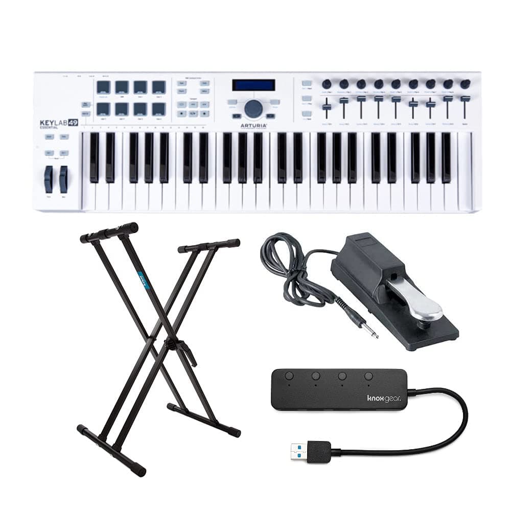 Arturia KeyLab Essential 49 Keyboard Controller with Knox X Stand, Sustain Pedal and 4-Port 3.0 USB Hub Bundle (4 items)