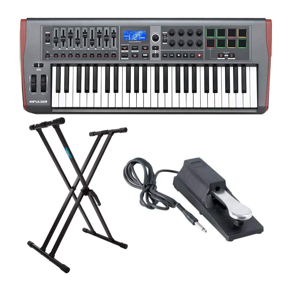 Novation Impulse 49 USB Midi Controller Keyboard Bundle with Knox Gear Keyboard Stand & Sustain Pedal (3 Items)