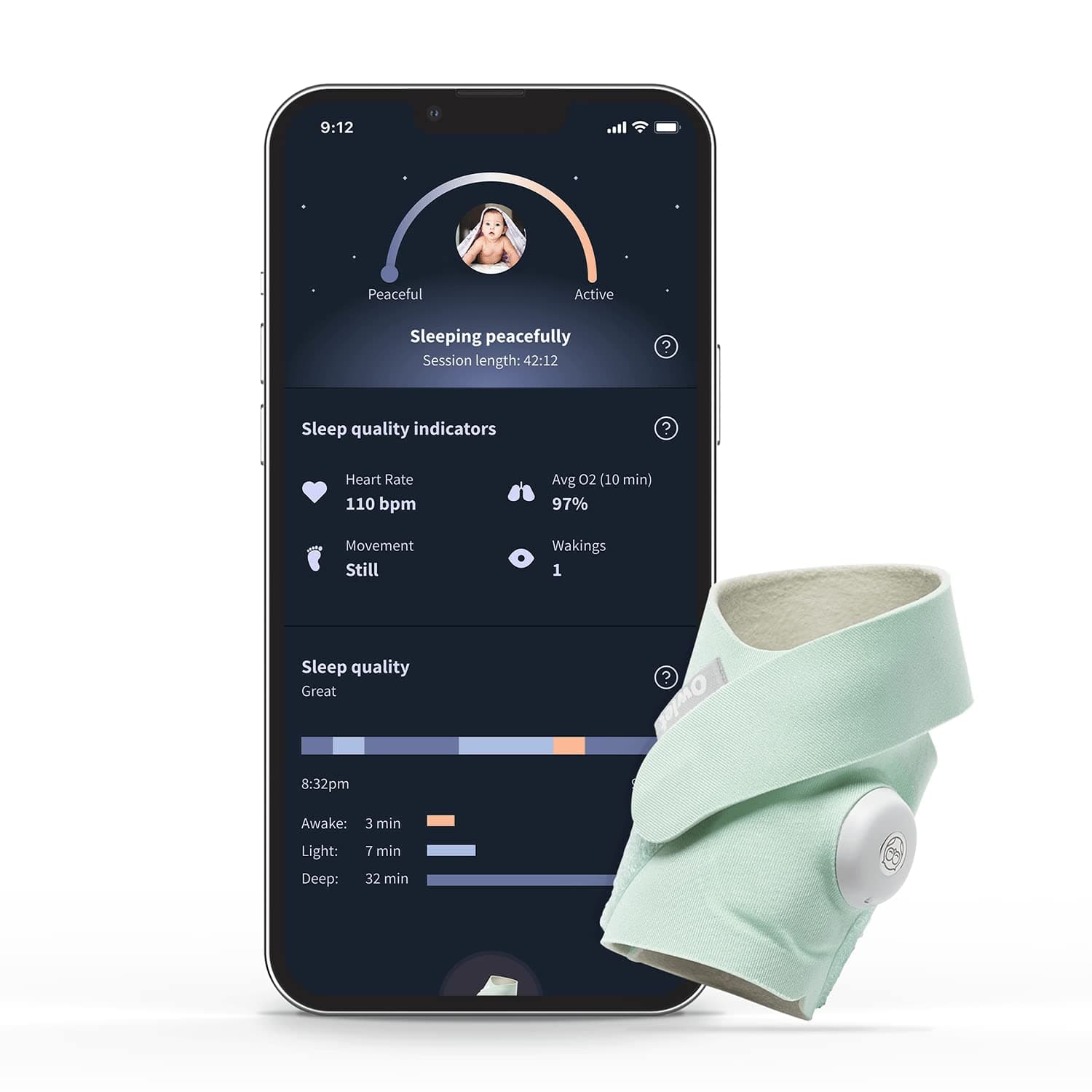 Owlet Dream Sock - Mint - Smart Baby Monitor View Heart Rate and Average Oxygen O2 as Sleep Quality Indicators. Wakings, Movement, and Sleep State....