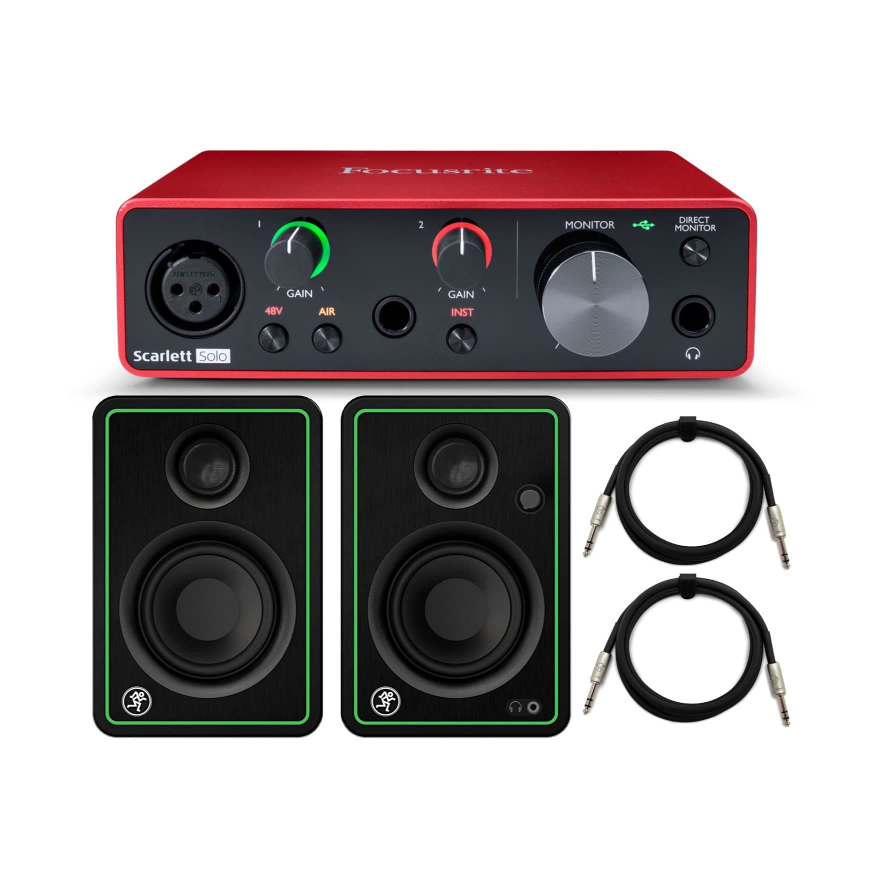 Mackie CR3-X Series 3 Inch Studio Monitors (Pair) with Focusrite Scarlett Solo Audio Interface (2-Pack) and Focus Camera TRS Cable Bundle (4 Items)